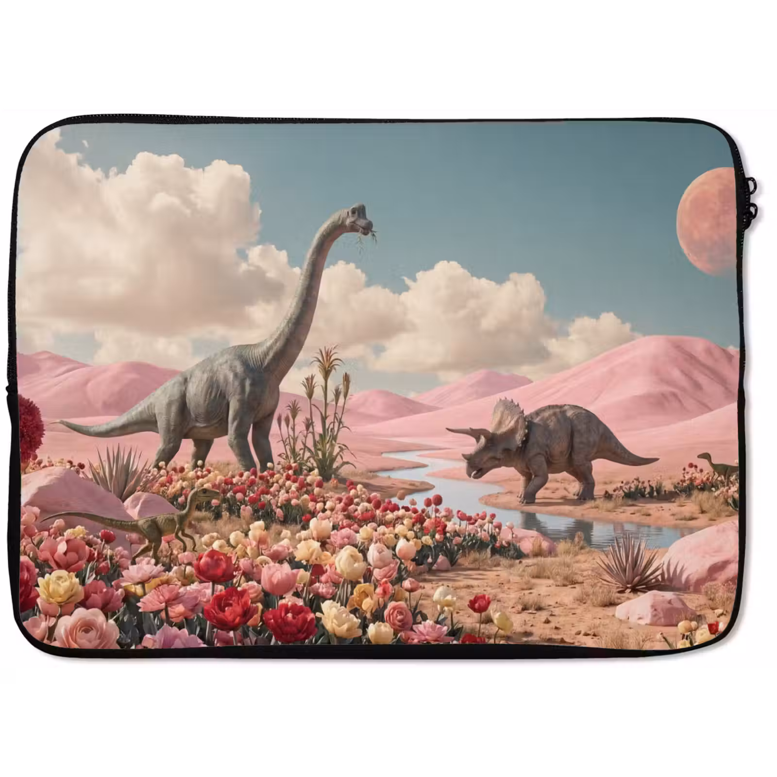 Laptop hülle - Dinosaurier – Rosa – Landschaft - Dinosaurus - Roze - Landschap laptophoes neopreen klein