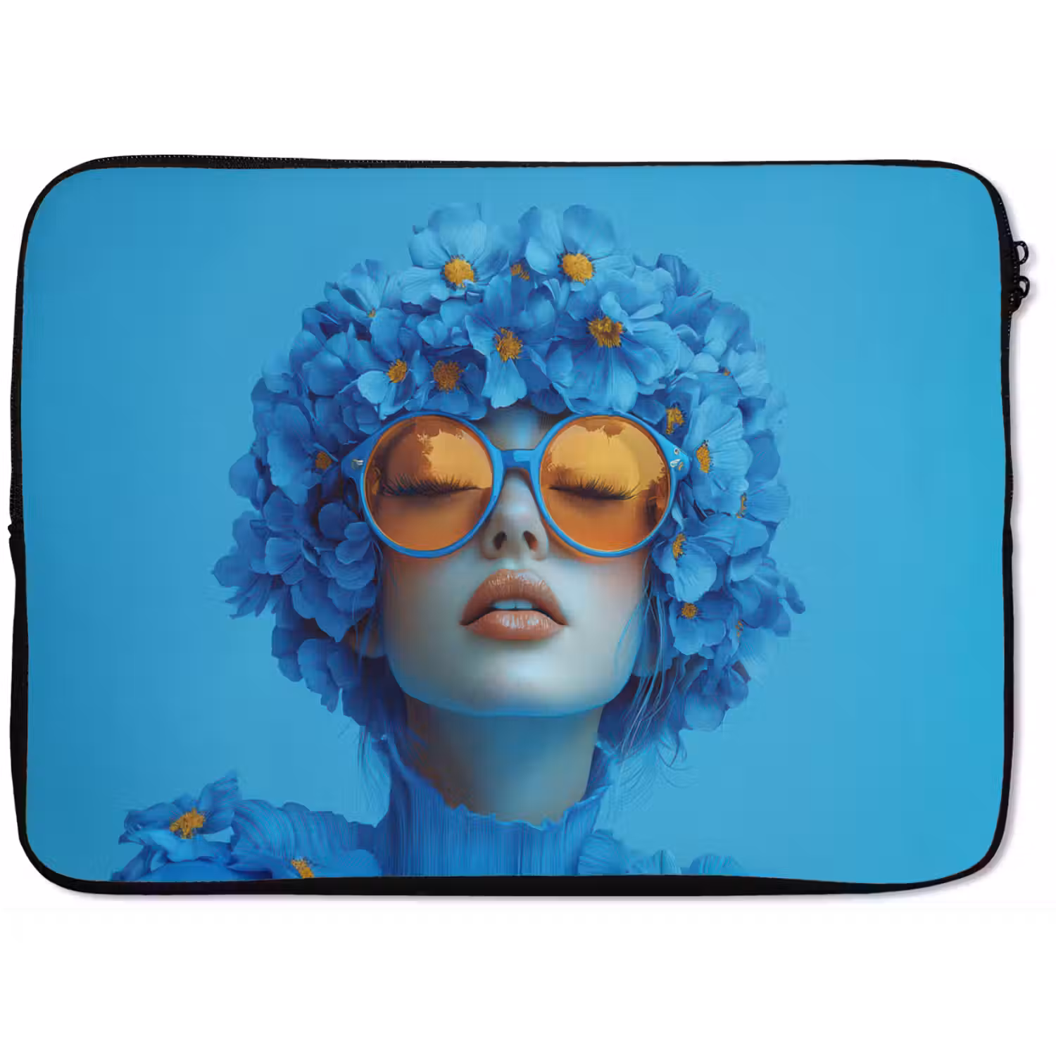 Vrouw - Bloem - Blauw - Modern - Bril - Portret laptophoes neopreen klein -zkaufland3dotto