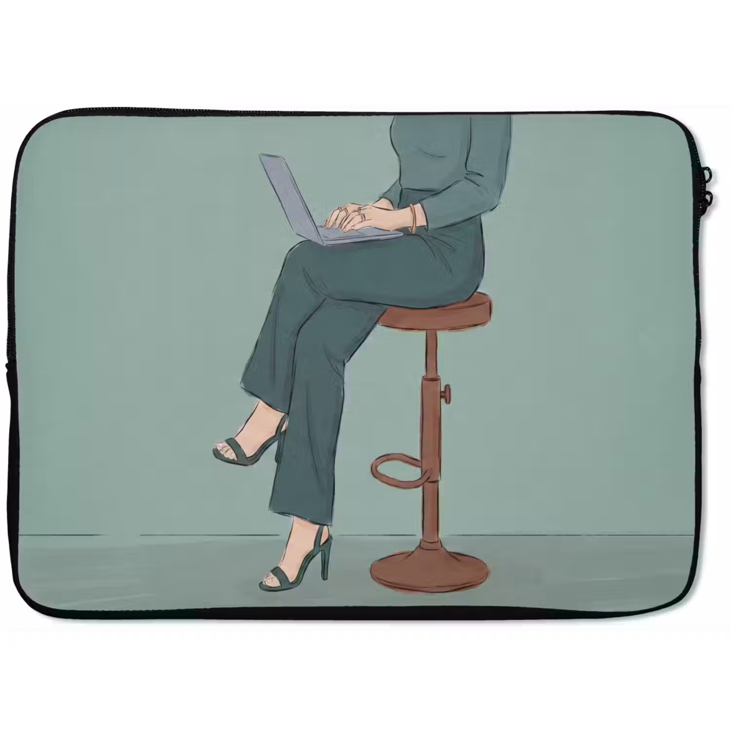 Vrouw - Laptop - Zittend - Illustratie - Groen laptophoes neopreen klein -zkaufland3dotto
