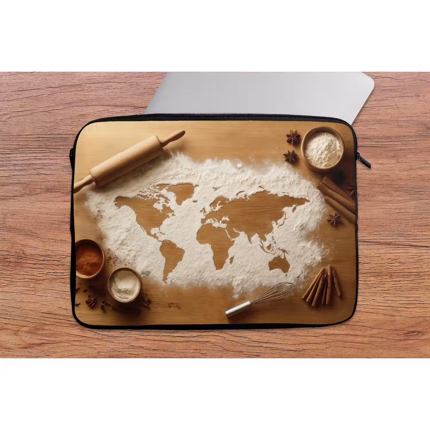 Hout - Wereldkaart - Bakken - Keuken laptophoes neopreen klein -tafel