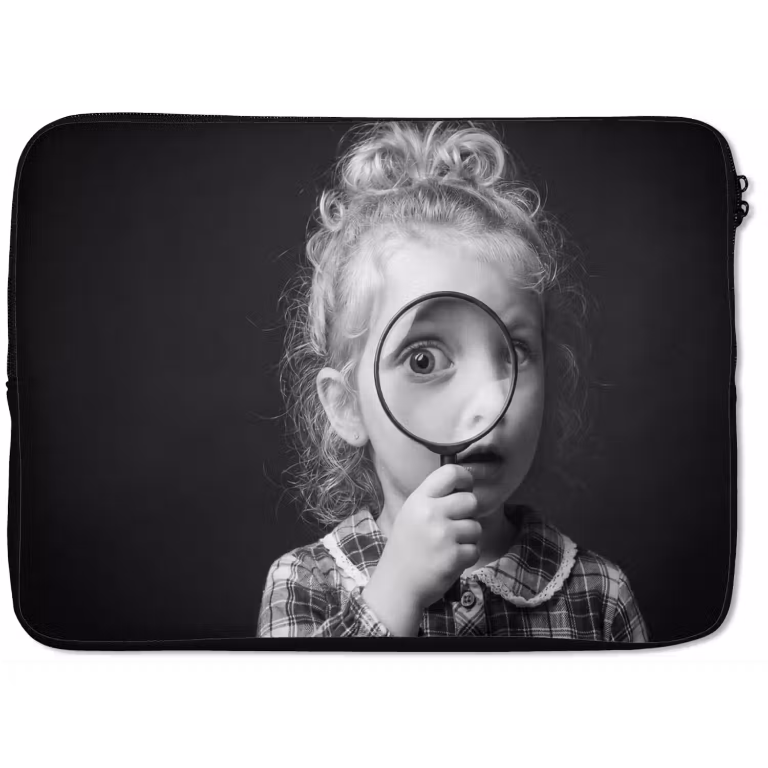 Kind - Vergrootglas - Portret - Zwart-wit laptophoes neopreen klein -zkaufland3dotto