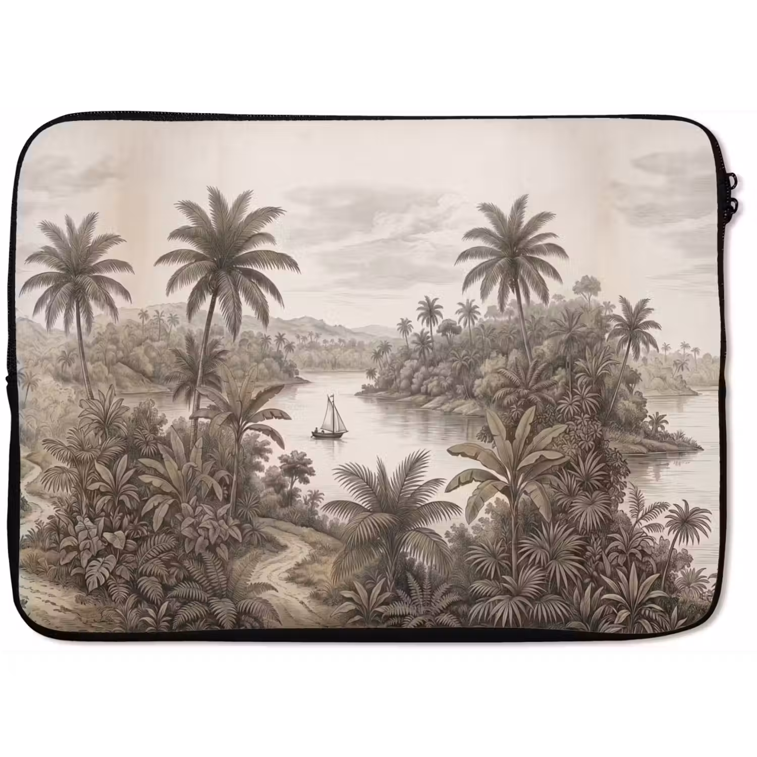 Landschap - Rivier - Boot - Tropisch - Vintage laptophoes neopreen klein -zkaufland3dotto