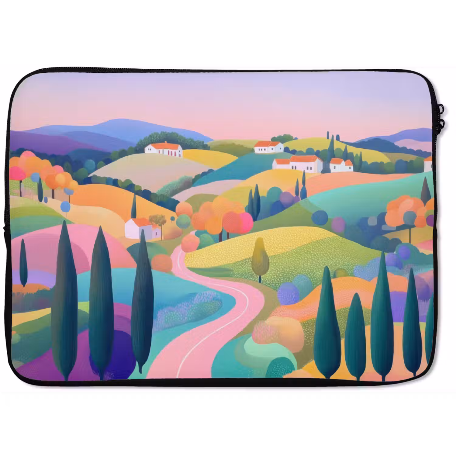 Landschap - Paars - Pastel - Huizen laptophoes neopreen klein -zkaufland3dotto