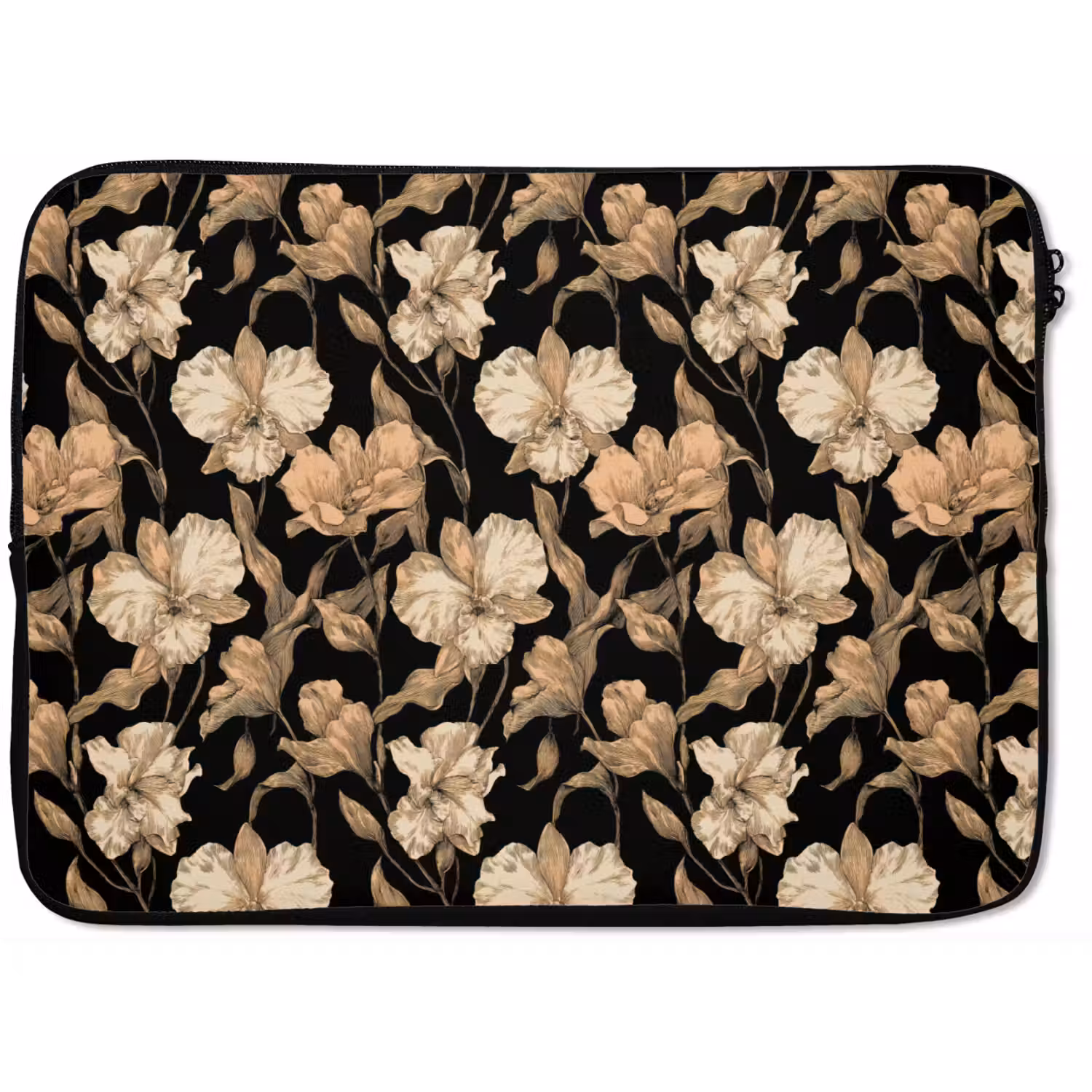 Orchideeën - Lijntekening - Patroon - Beige - Zwart laptophoes neopreen klein 279 -zkaufland3dotto