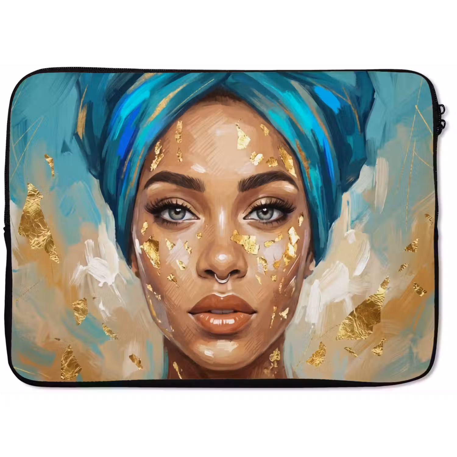Portret - Vrouw - Schilderij - Blauw - Goud - Expressief laptophoes neopreen klein -zkaufland3dotto