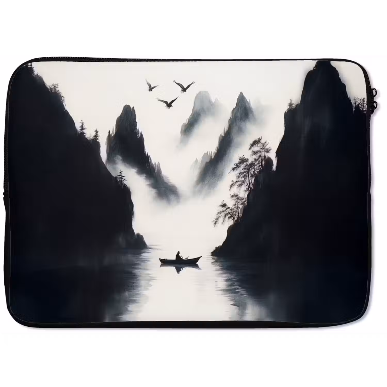 Roeiboot - Mistig - Bergen - Vogels laptophoes neopreen klein -zkaufland3dotto