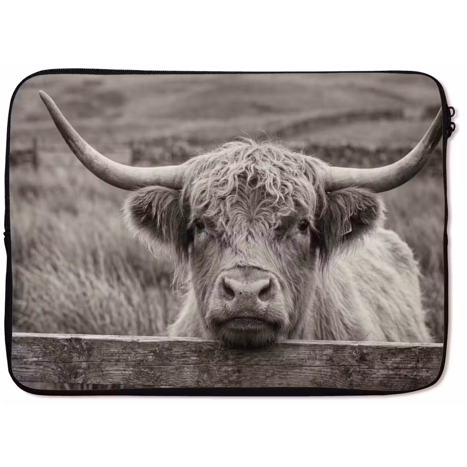 Schotse hooglander - Zwart - Wit - Hout laptophoes neopreen klein -zkaufland3dotto