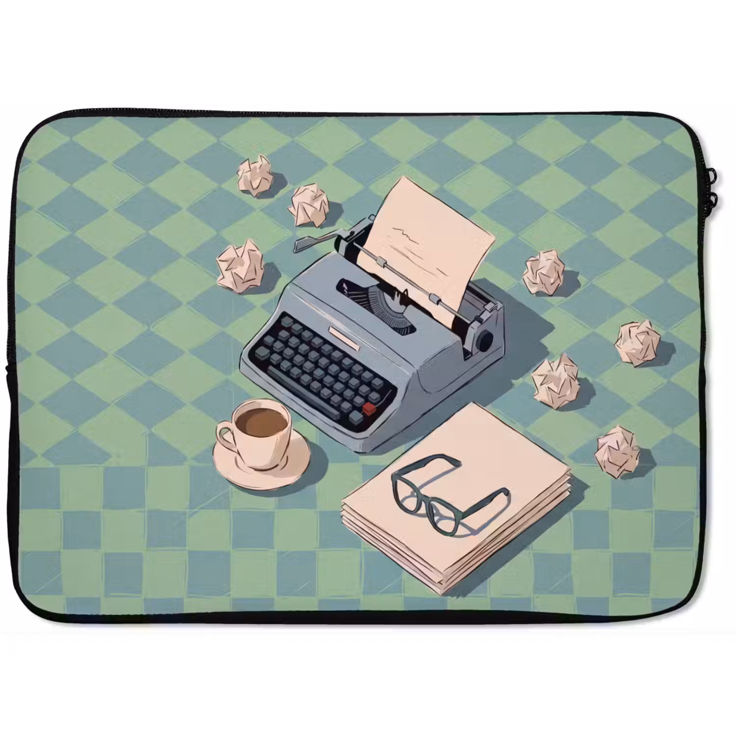 Typemachine - Kantoor - Vintage - Illustratie - Groen laptophoes neopreen klein -zkaufland3dotto