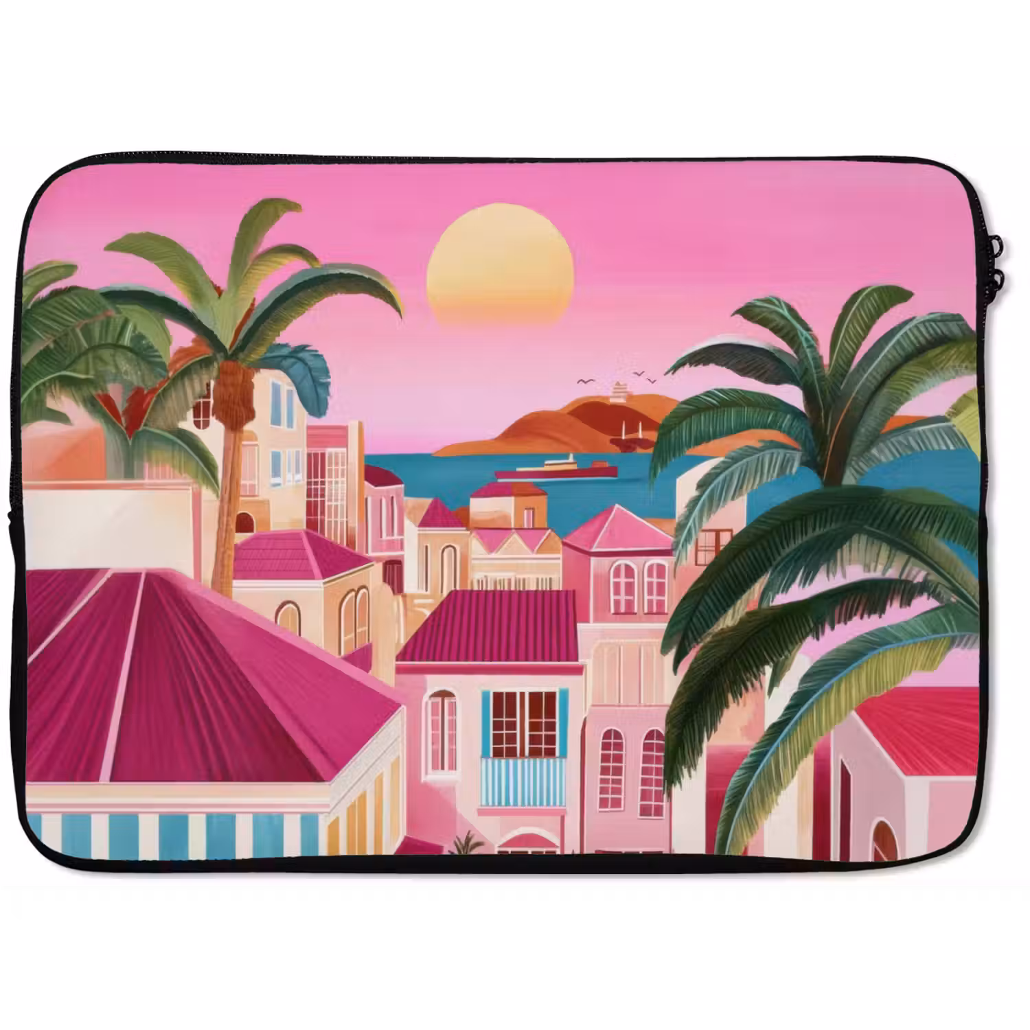 Stad - Roze - Palmbomen laptophoes neopreen klein -zkaufland3dotto