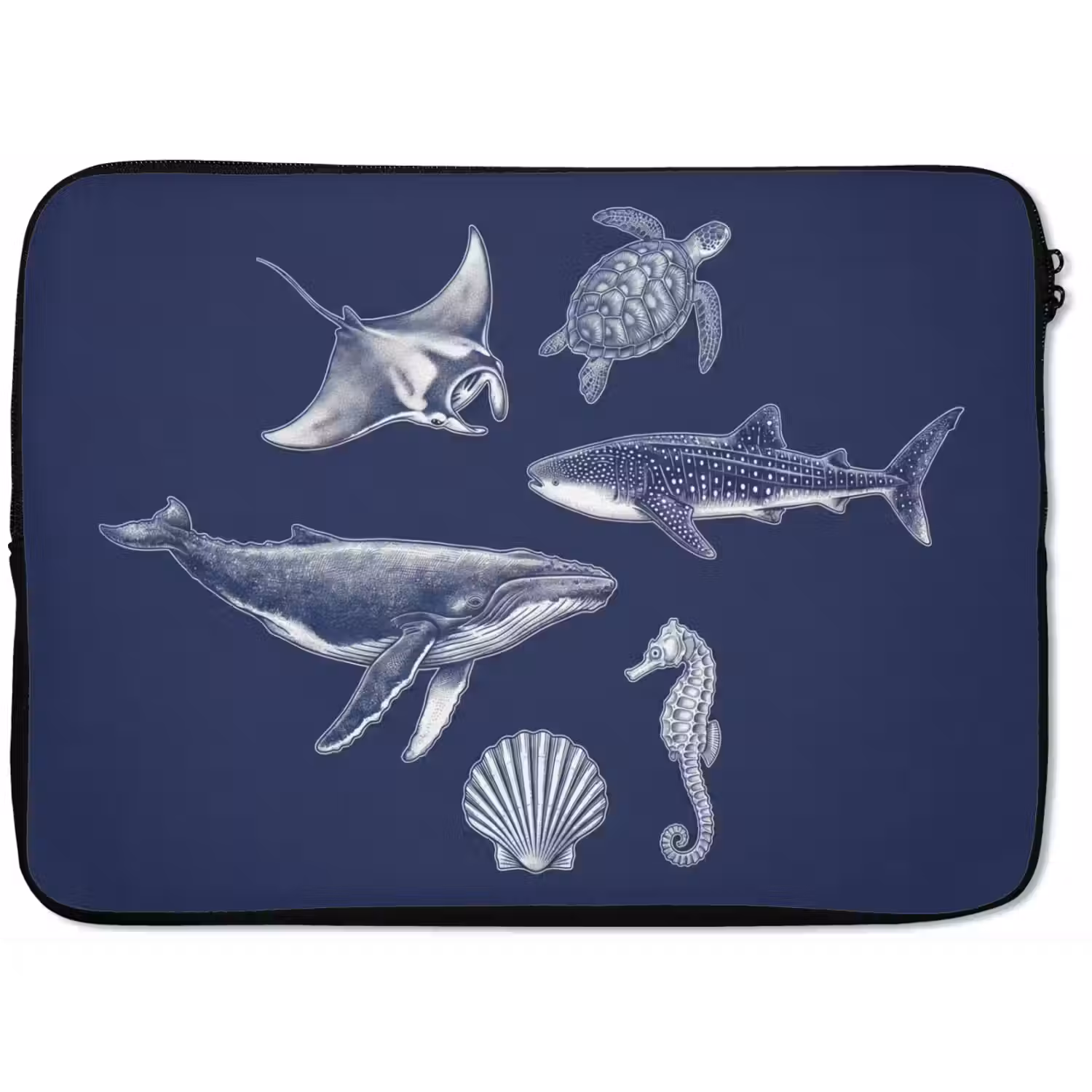 Dieren - Zeeleven - Oceaan - Graveren - Blauw laptophoes neopreen klein -zkaufland3dotto