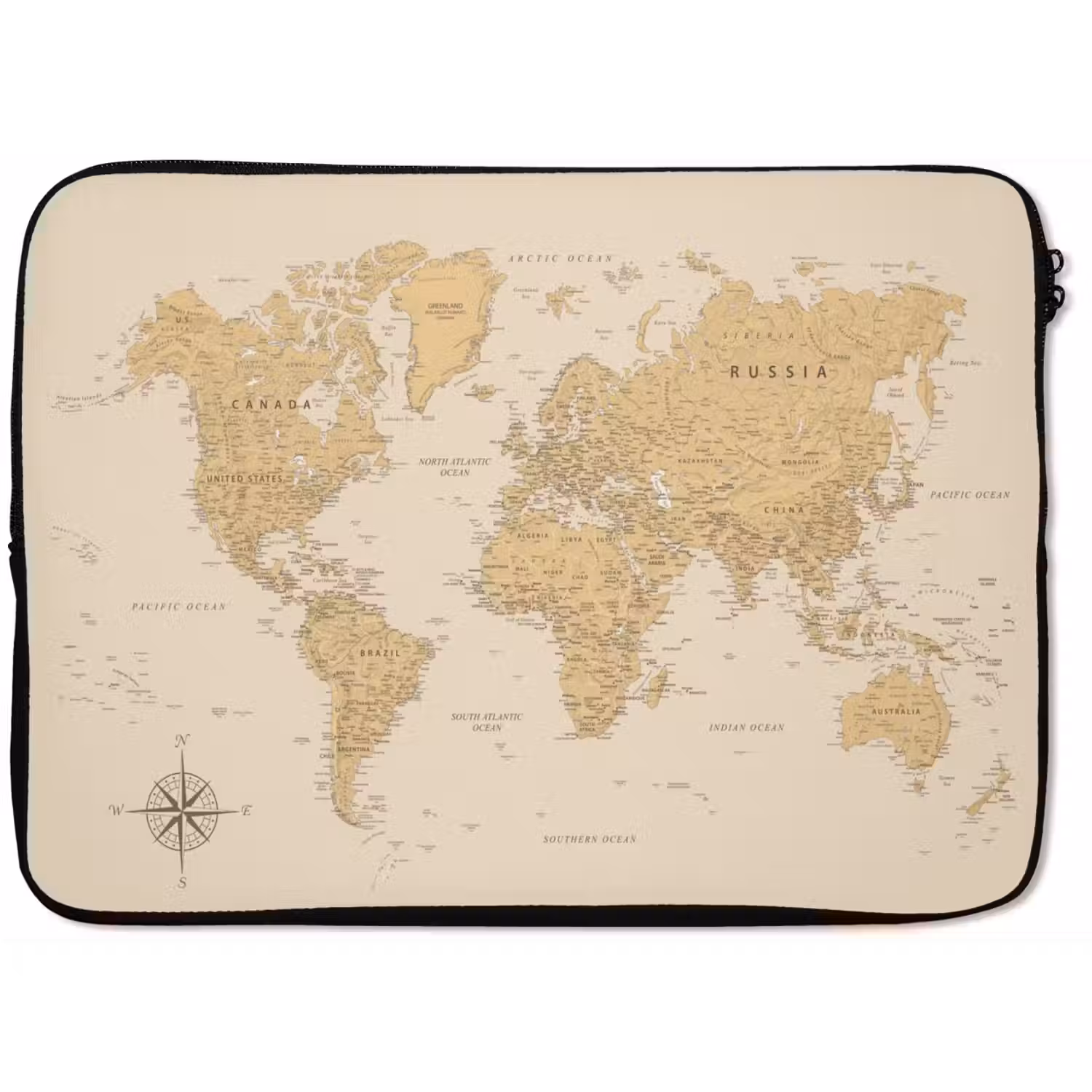 Wereldkaart - Realistisch - Beige laptophoes neopreen klein -zkaufland3dotto