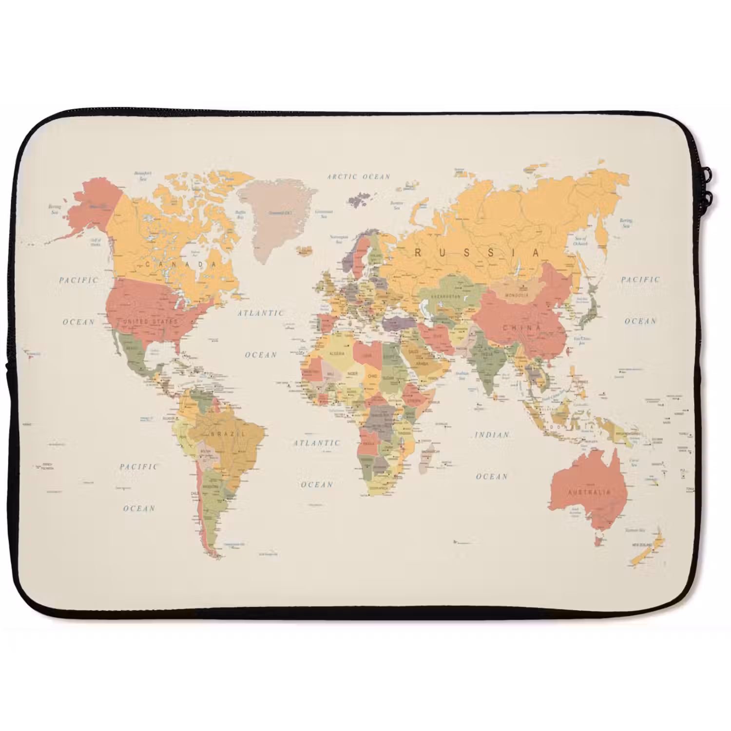 Wereldkaart - Realistisch - Beige laptophoes neopreen klein -zkaufland3dotto