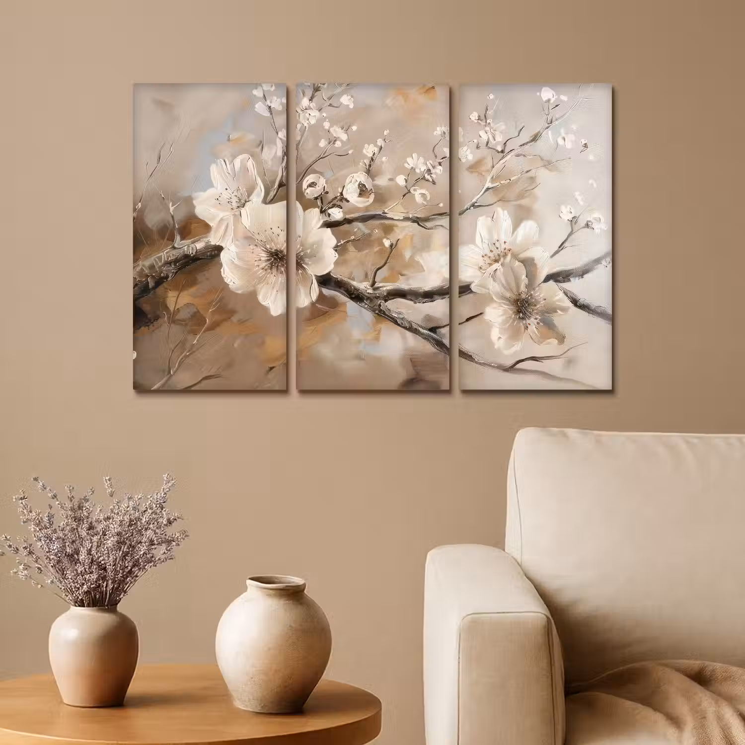 Bloesem - Beige - Abstract - Bloemen Canvas - Meerluiken 3 luik klein -sfeer1
