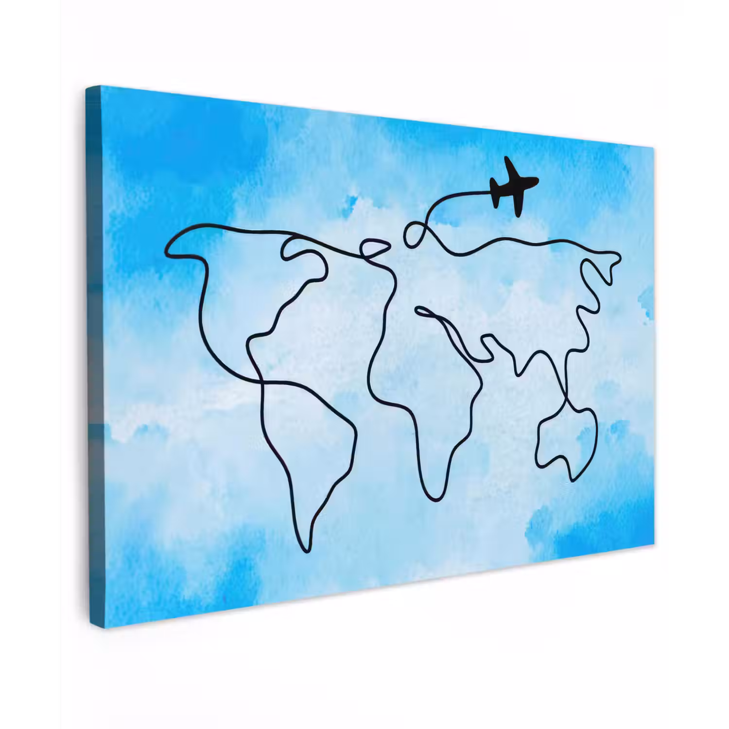 Aquarel - Blauw - Wereldkaart - Vliegtuig canvas 2cm klein -z3d