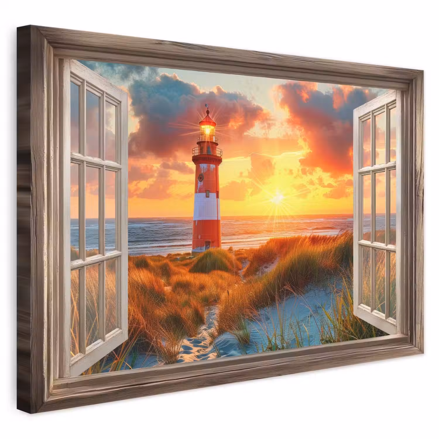 Doorkijk - Raam - Vuurtoren - Zonsondergang - Strand canvas 2cm klein -3d