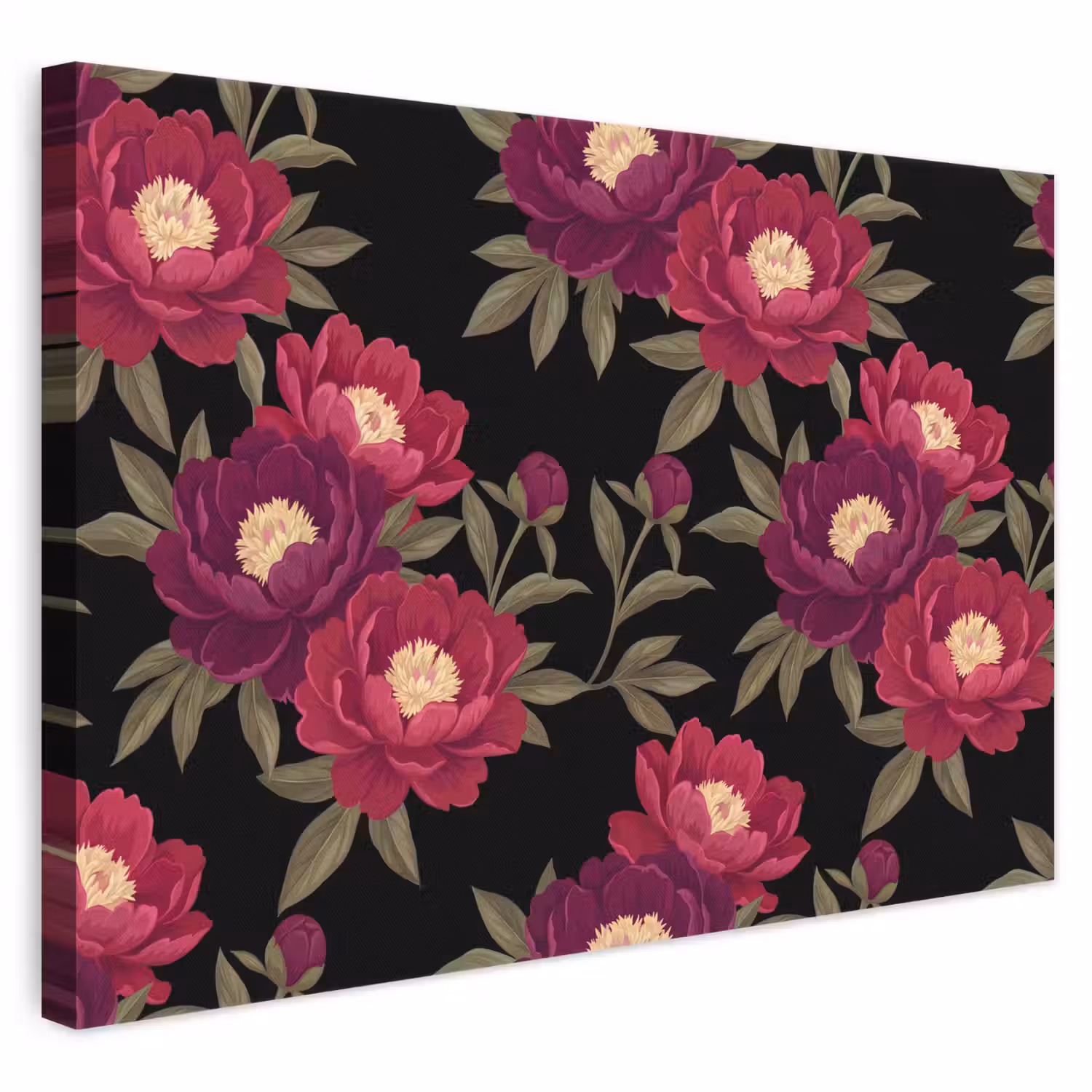 Bloemen - Patroon - Botanisch - Rood - Zwart canvas 2cm klein -3d