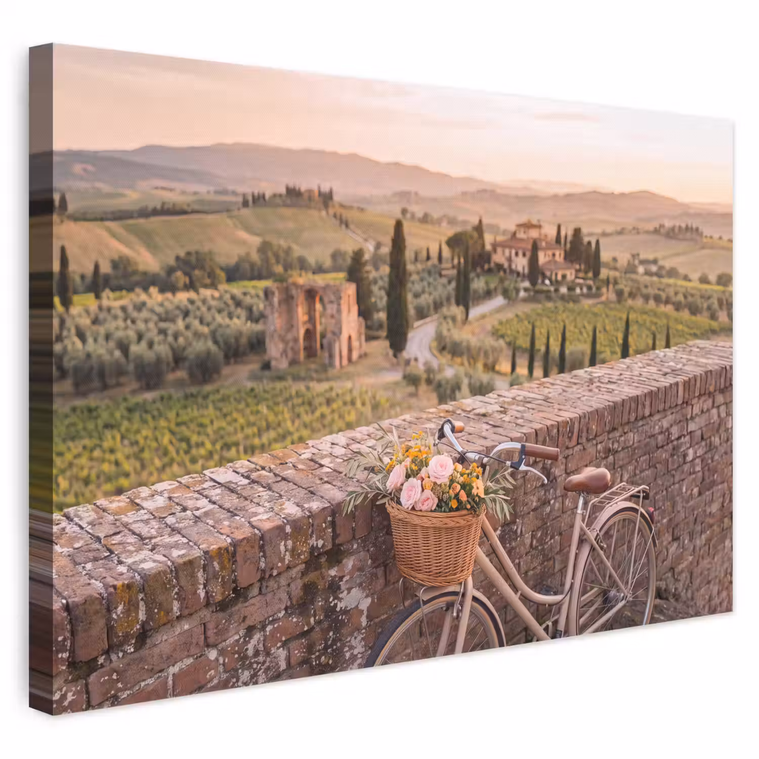 Fiets - Bloemen - Toscane - Landschap - Roze canvas 2cm klein -3d