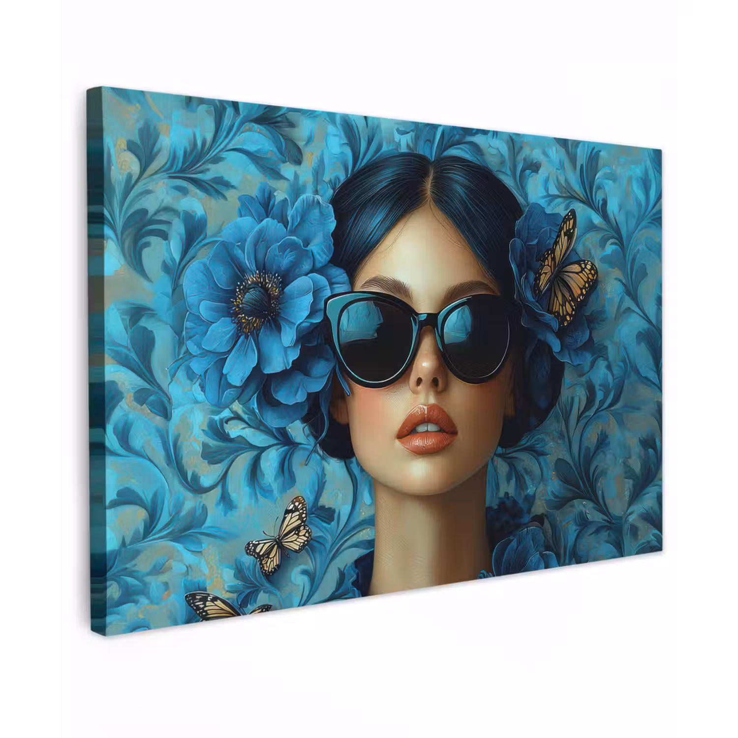 Vrouw - Bloemen - Vlinders - Blauw - Abstract canvas 2cm klein -z3d