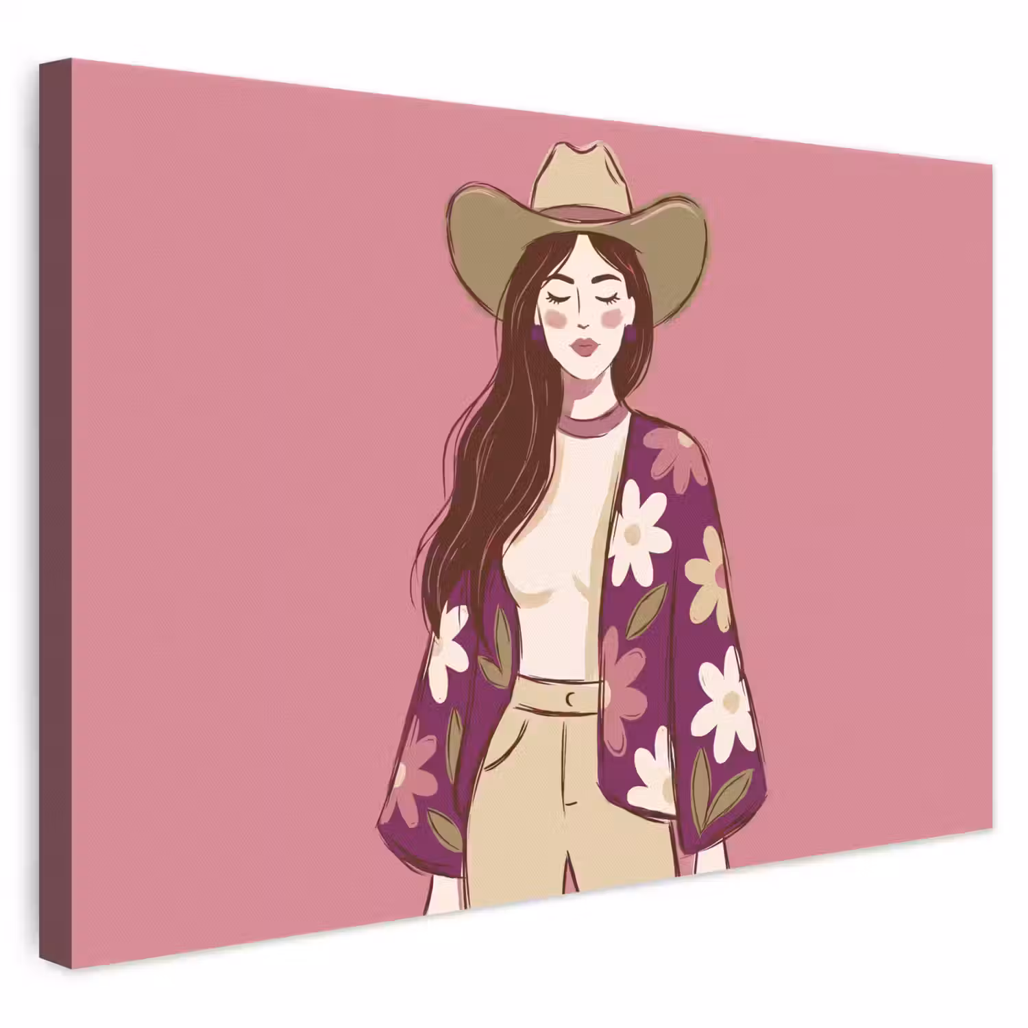 Vrouw - Hoed - Portret - Illustratie - Roze canvas 2cm klein -3d