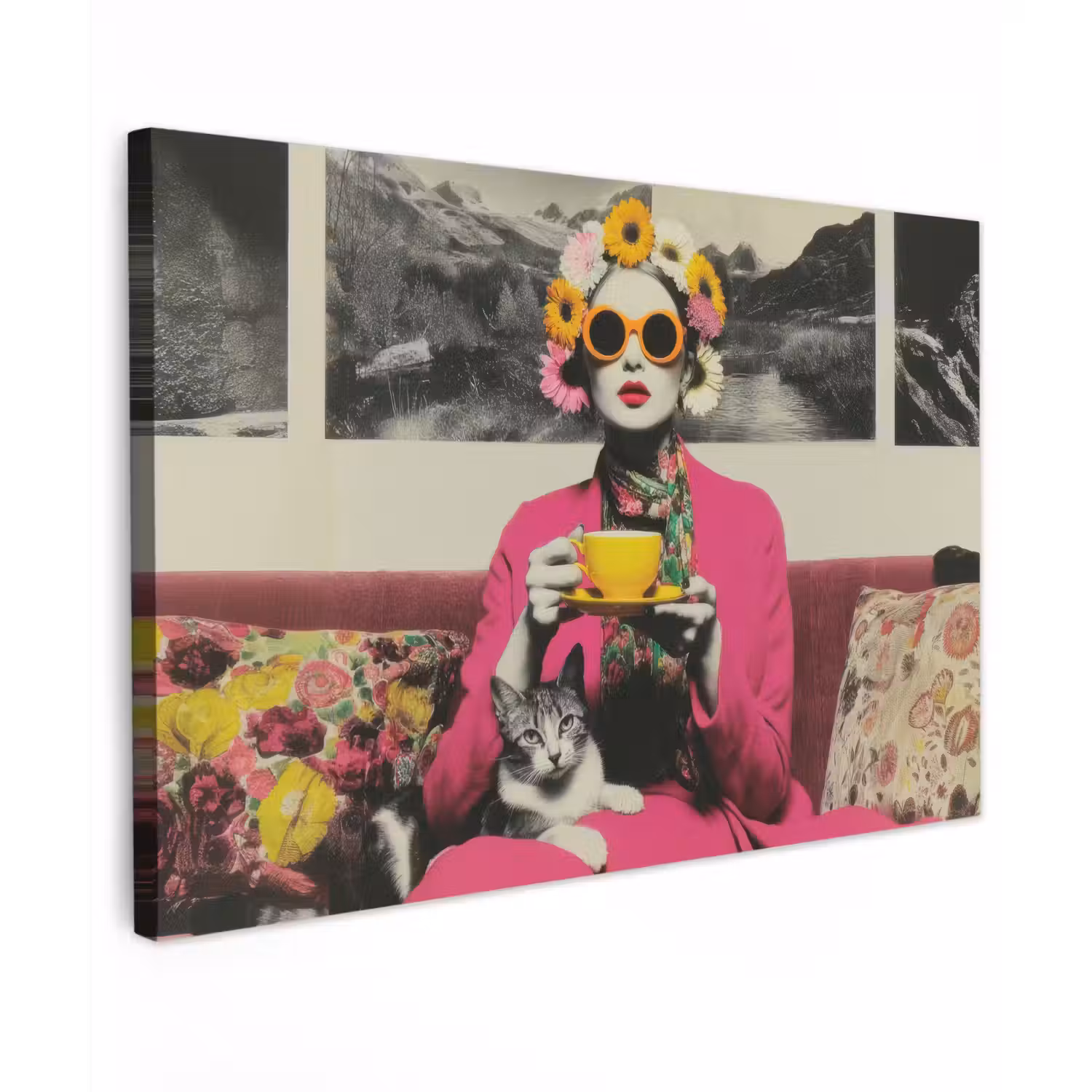 Vrouw - Kat - Bloemen - Kopje - Retro canvas 2cm klein -z3d