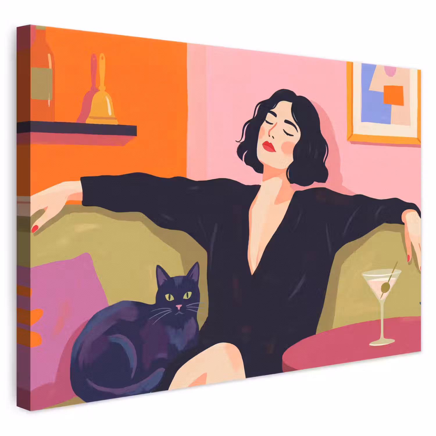 Vrouw - Kat - Interieur - Modern - Kleurrijk canvas 2cm klein -3d