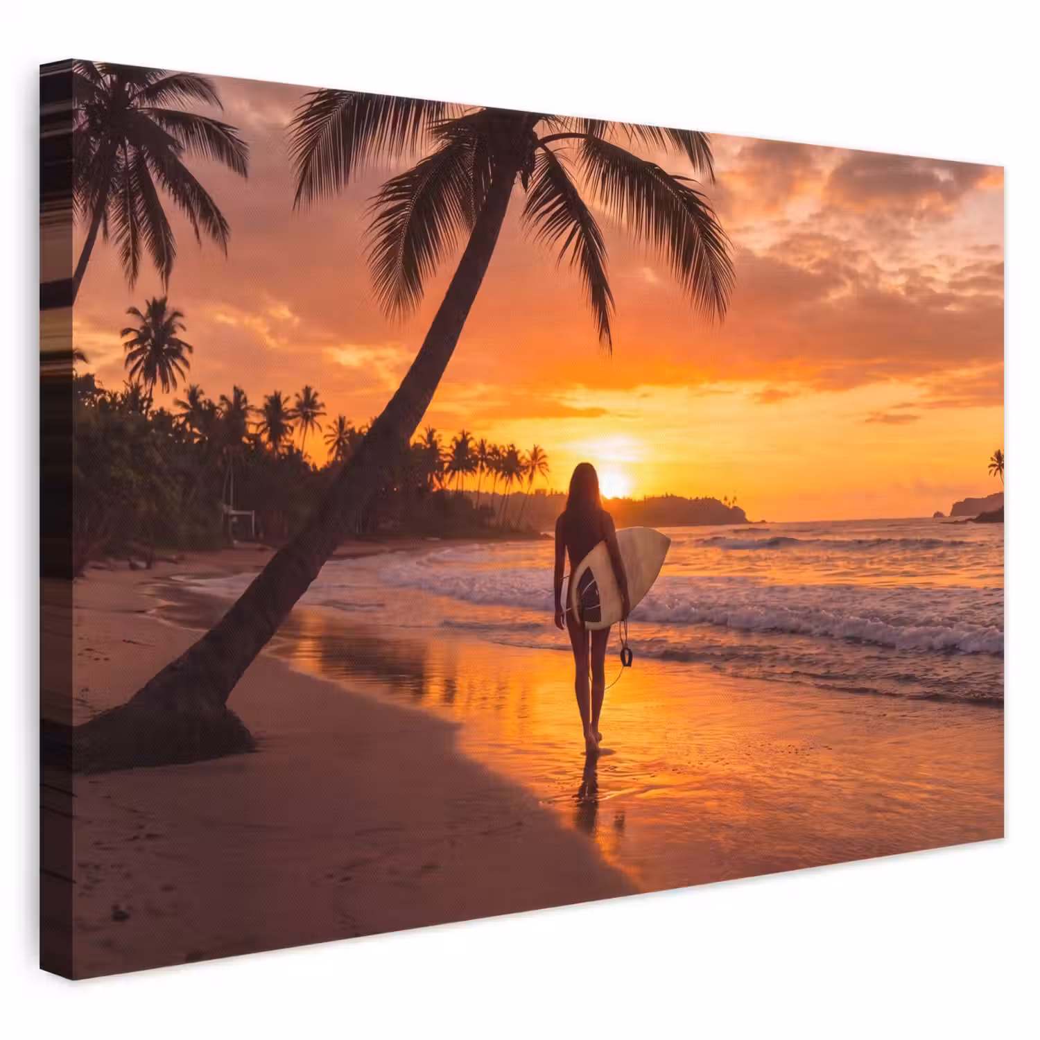 Vrouw - Surfplank - Strand - Zonsondergang - Oranje canvas 2cm klein -3d