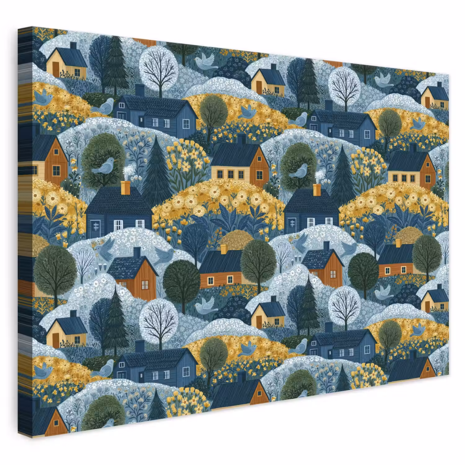 Huisjes - Bloemen - Patroon - Geel - Blauw canvas 2cm klein 34 -3d