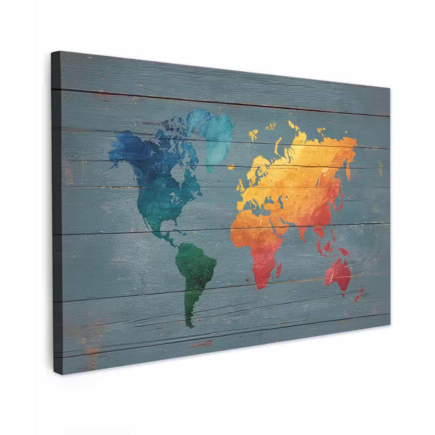 Hout - Planken - Regenboog - Wereldkaart canvas 2cm klein -z3d