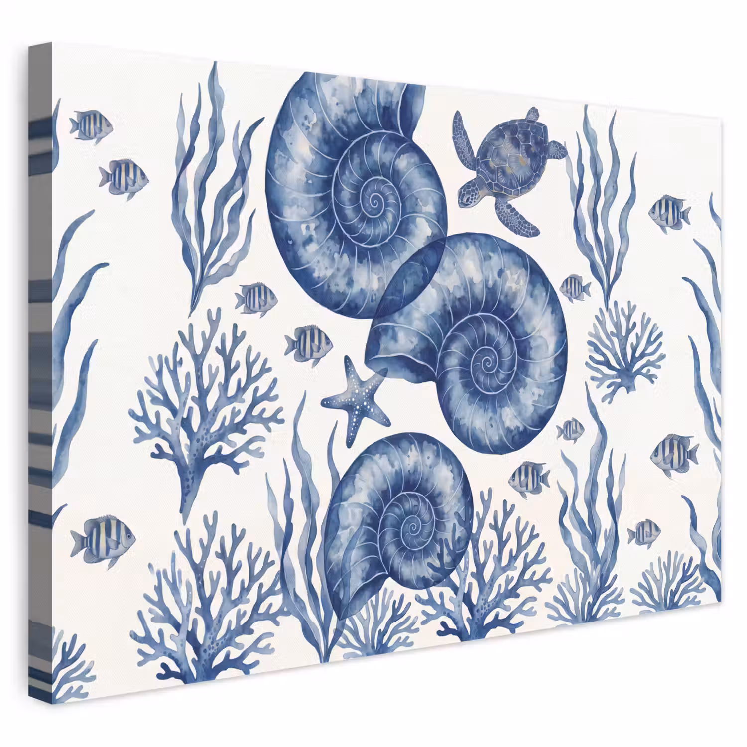 Schelp - Spiraal - Zeeleven - Aquarel - Blauw canvas 2cm klein -3d