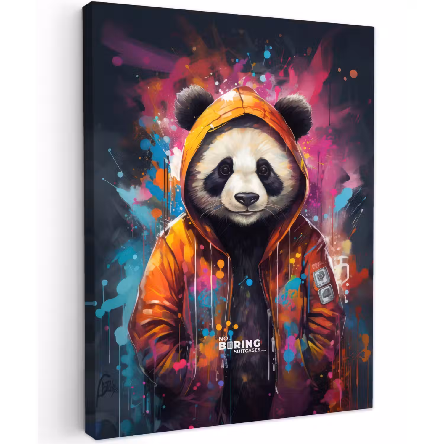 Panda met oranje jas en verfspetters canvas 2cm klein -z3d