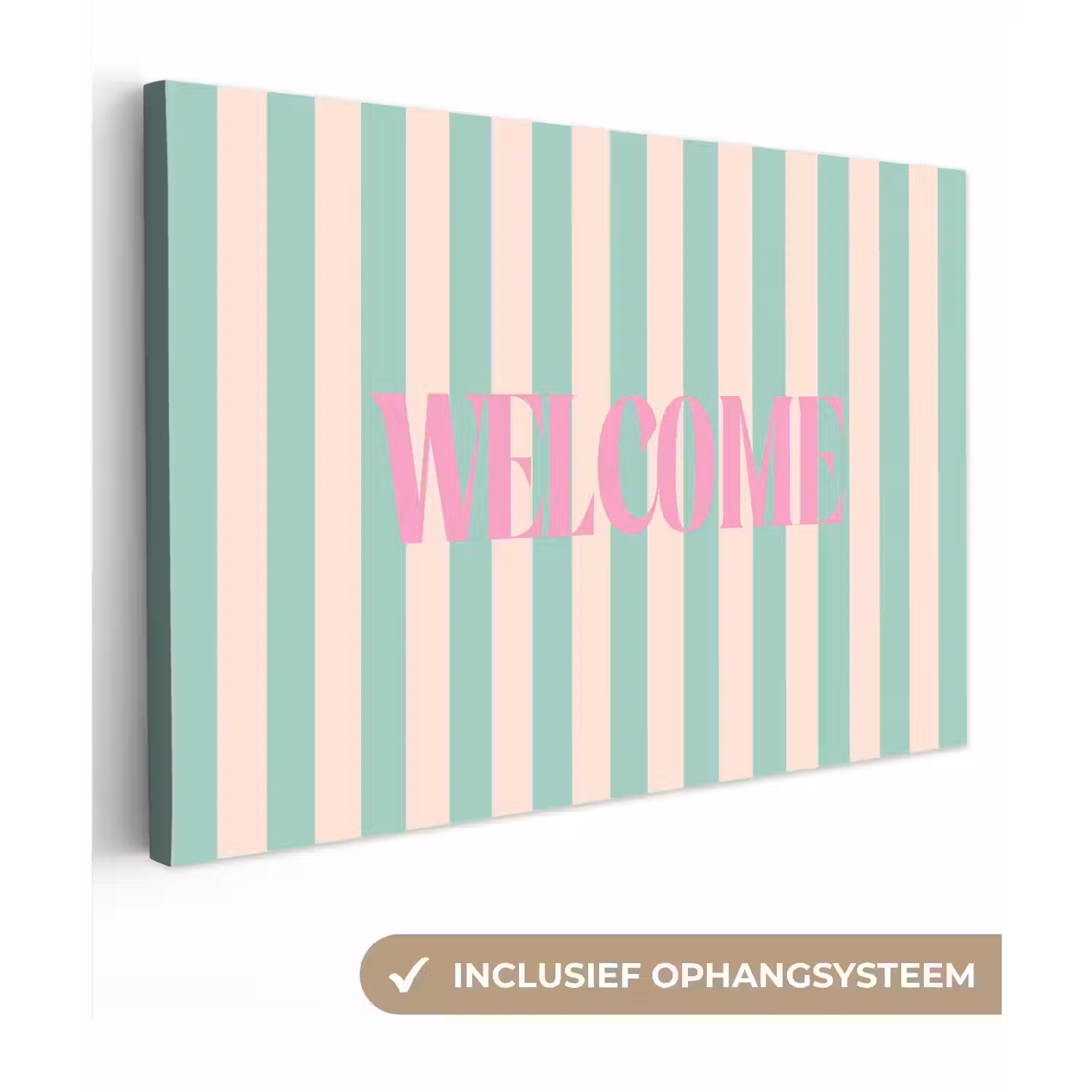 Roze - Groen - Strepen - Welcome canvas 2cm klein -3d