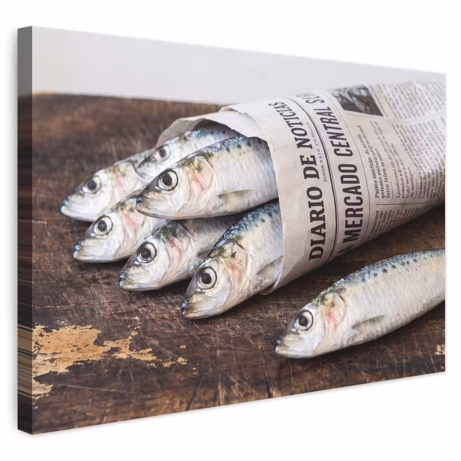 Leinwandbild - Sardine – Zeitung – Schneidebrett - Sardientje - krant - snijplank canvas 2cm klein