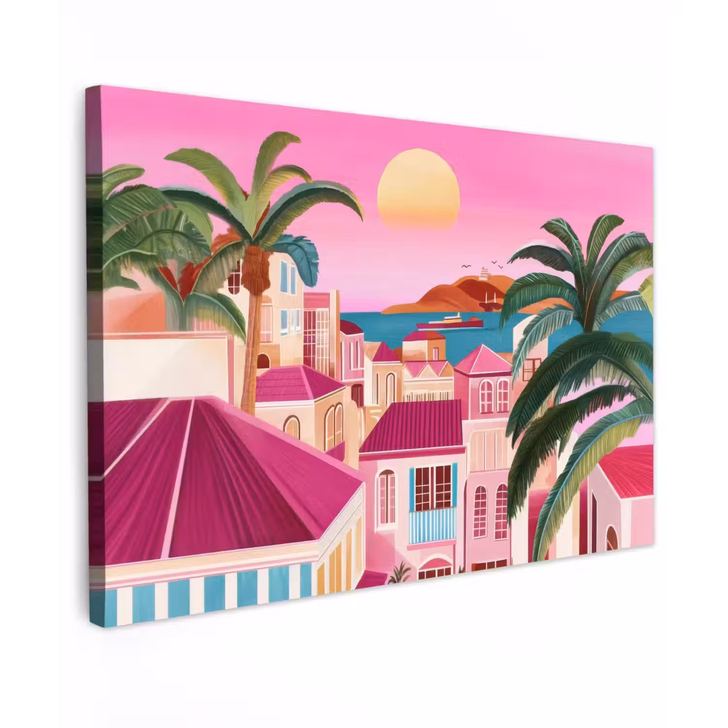 Stad - Roze - Palmbomen canvas 2cm klein -z3d