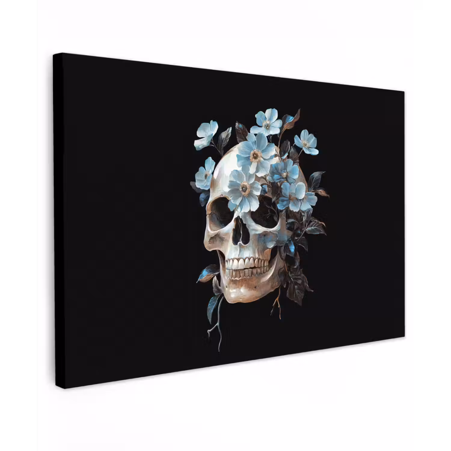Schedel - Blauw - Bloemen - Bladeren canvas 2cm klein -z3d