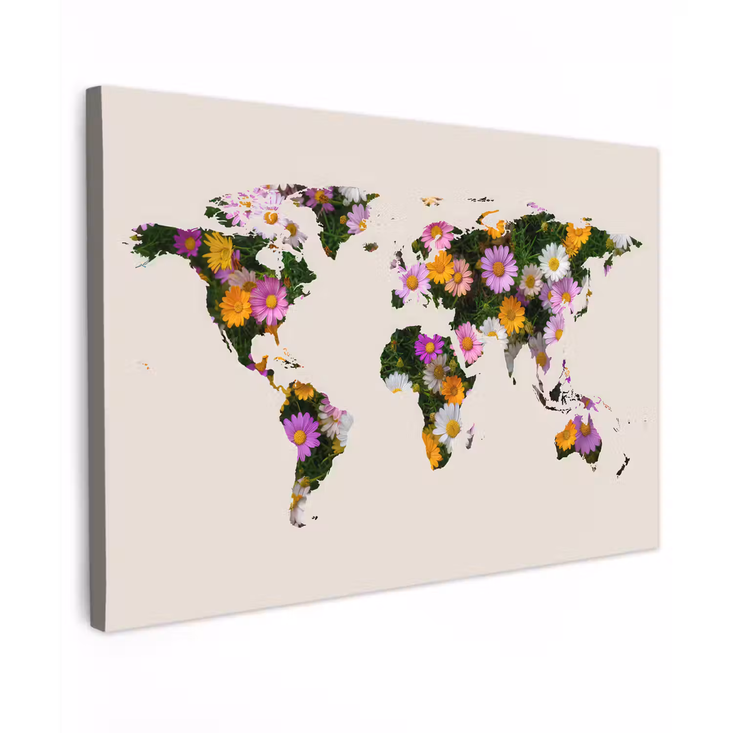 Wereldkaart - Beige - Madelief - Bloemen canvas 2cm klein -z3d