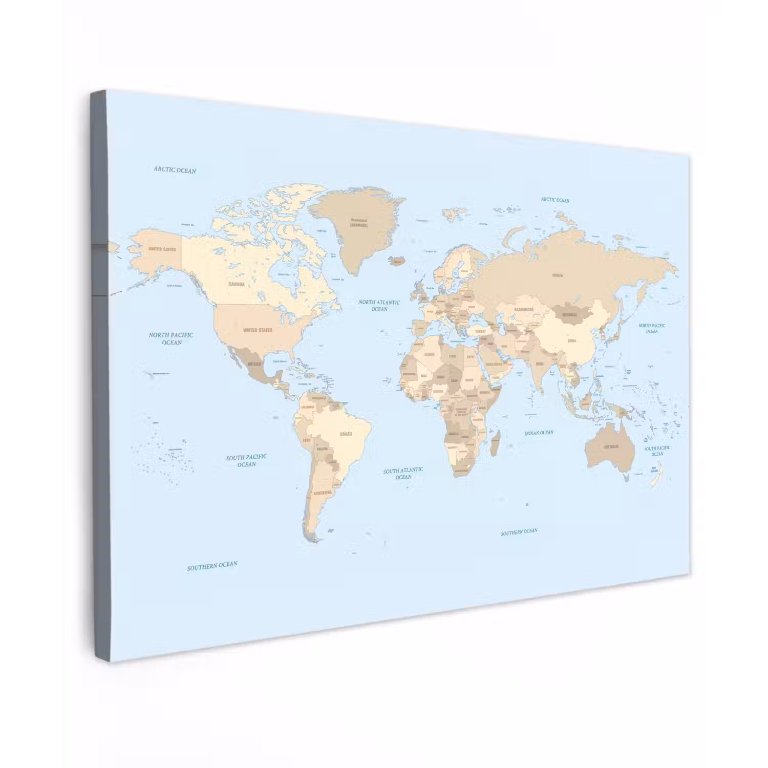 Wereldkaart - Blauw -Bruin canvas 2cm klein -z3d