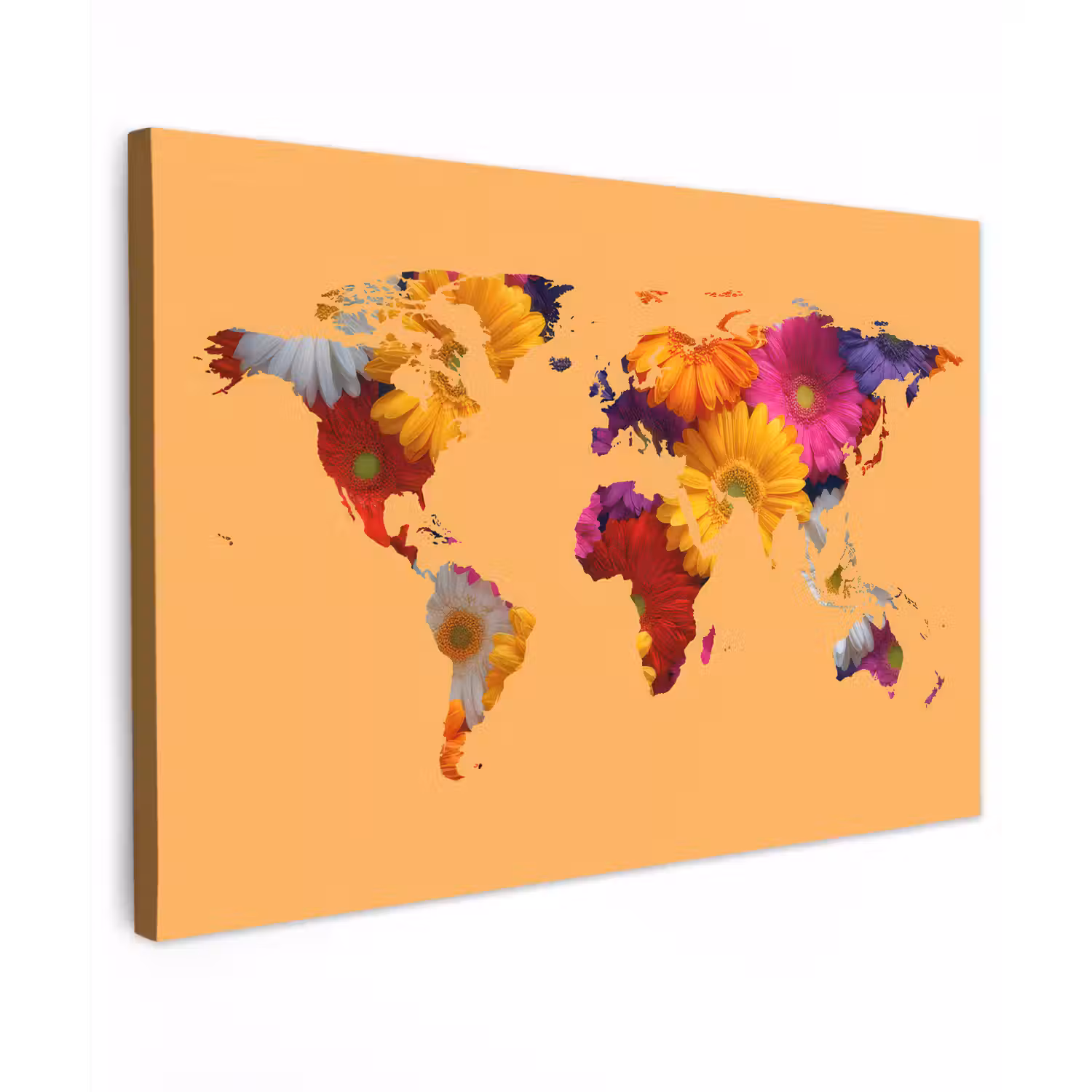 Wereldkaart - Bloemen - Oranje canvas 2cm klein -z3d
