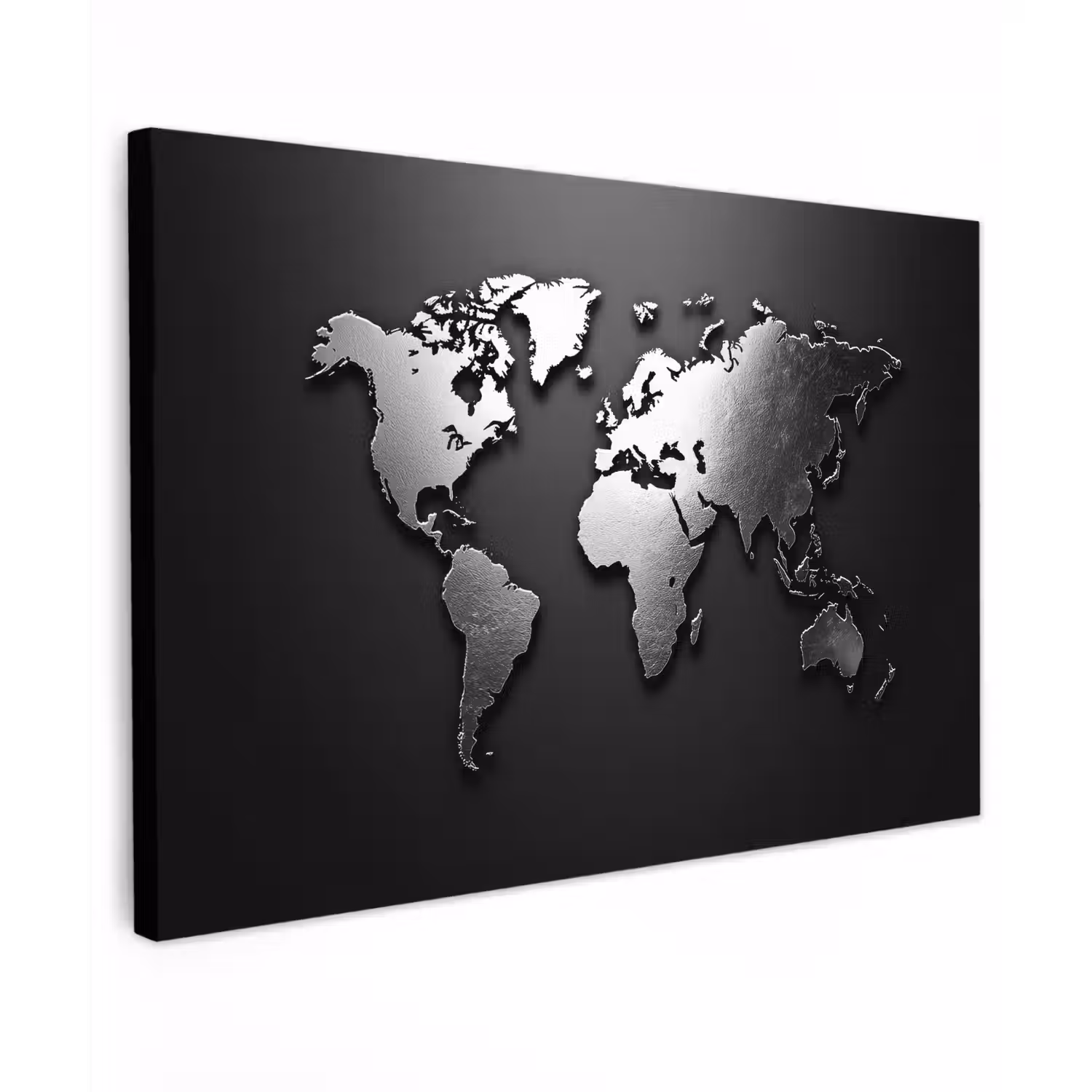Wereldkaart - Chrome - Zilver - Zwart canvas 2cm klein -z3d