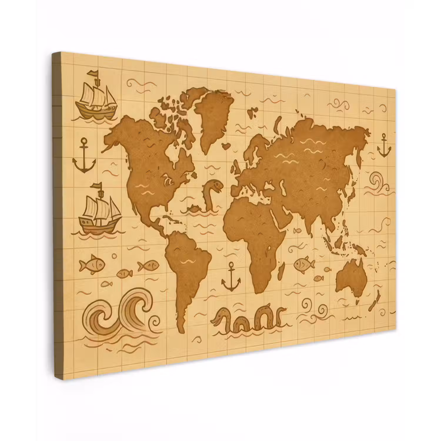 Wereldkaart - Fantasiestijl - Bruin canvas 2cm klein -z3d
