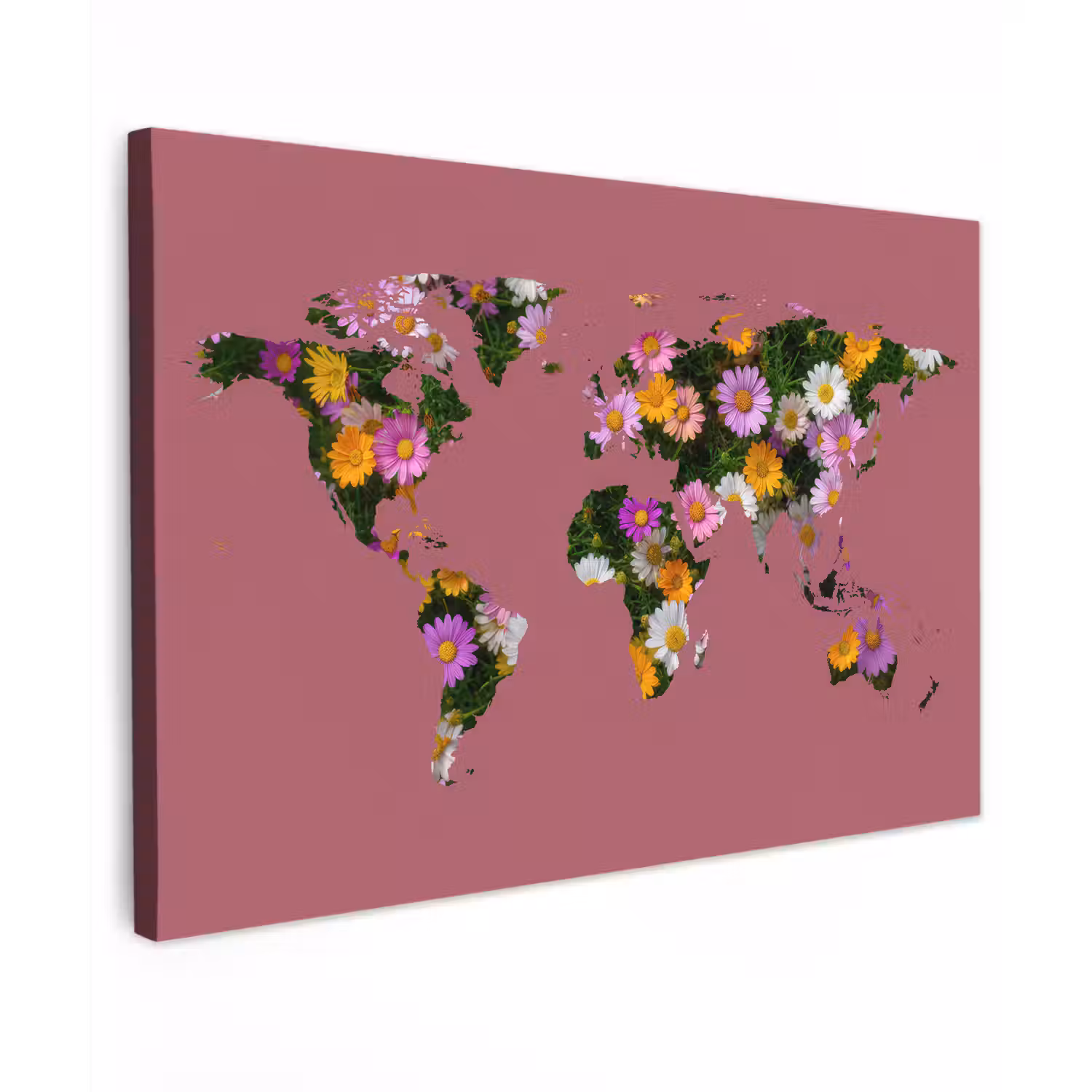 Wereldkaart - Madelief - Bloemen - Oudroze canvas 2cm klein -z3d