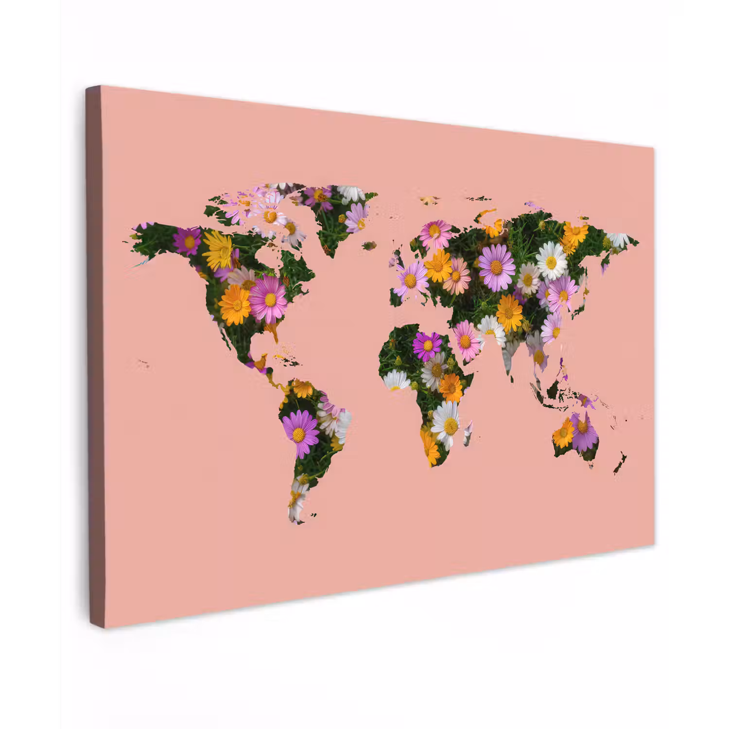 Wereldkaart - madeliefbloemen - Perzikroze canvas 2cm klein -z3d