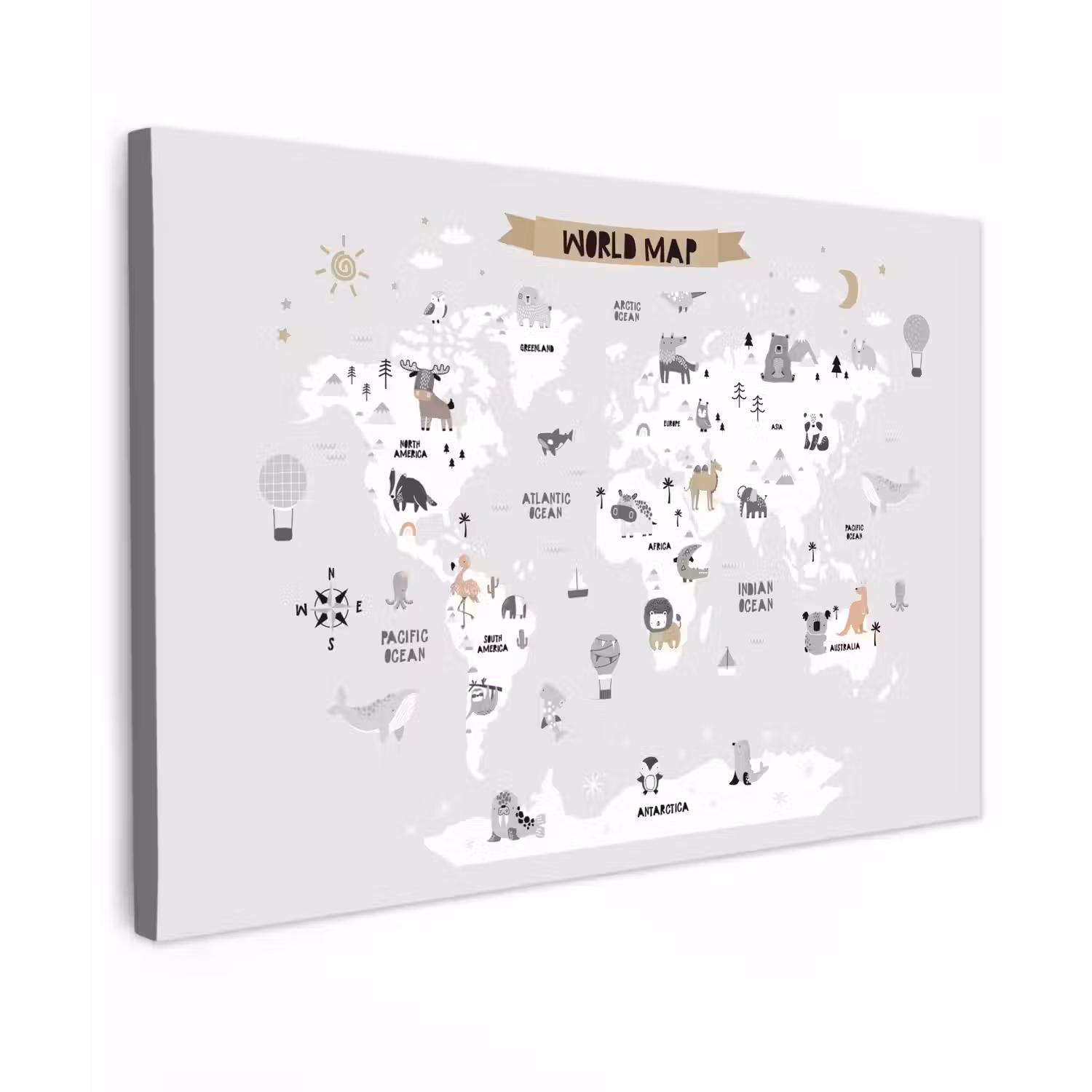 Wereldkaart - Grijs - Dieren canvas 2cm klein -z3d