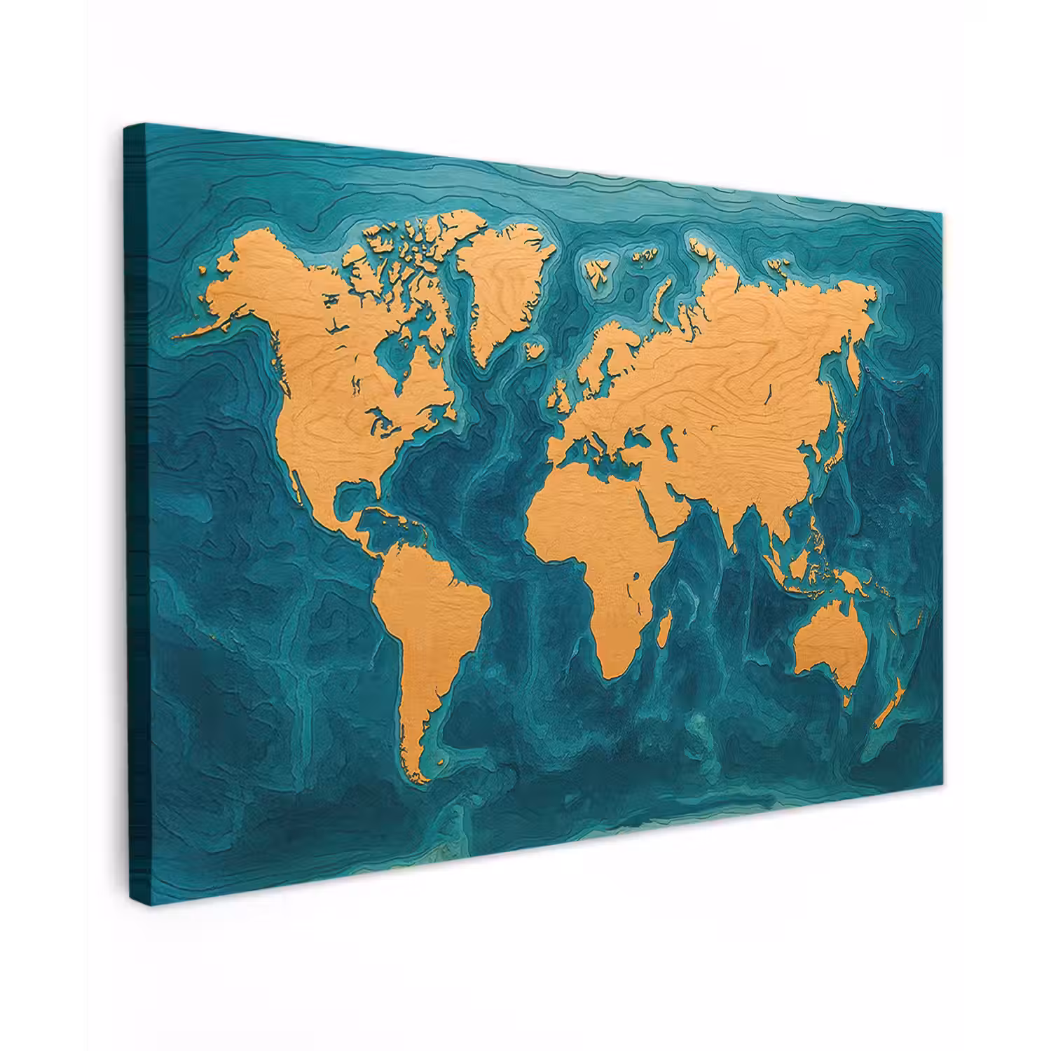 Wereldkaart - Houtsnede - Turkooisblauw canvas 2cm klein -z3d