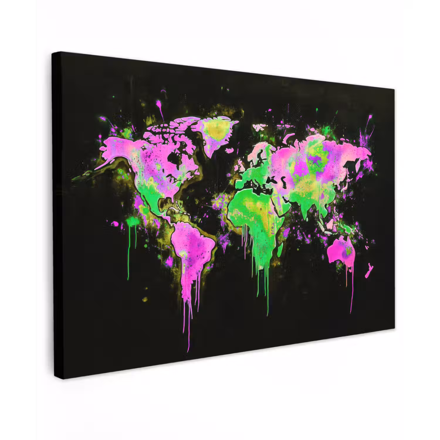Wereldkaart - Neon - Groen - Roze canvas 2cm klein -z3d