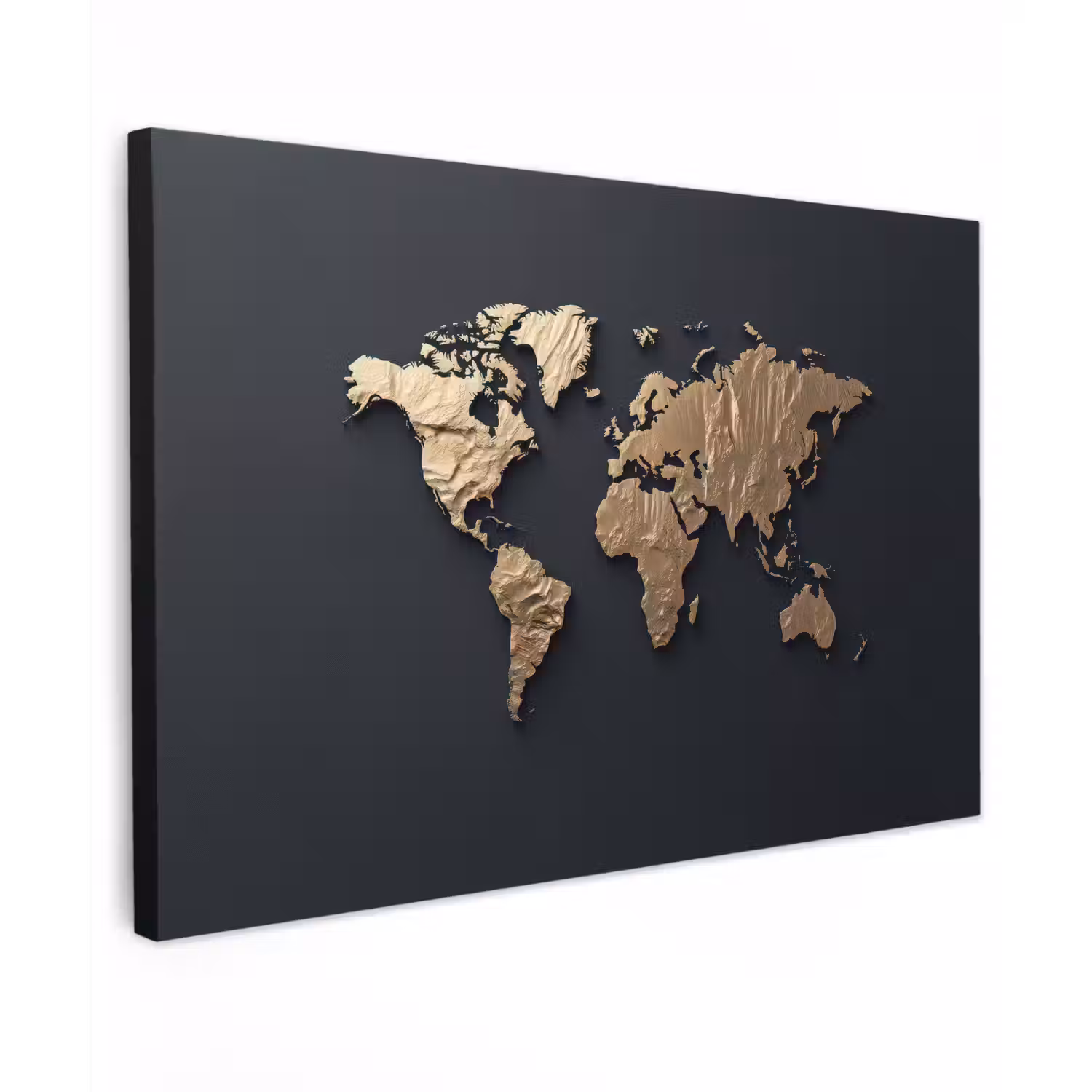 Wereldkaart - Reliëfstructuur - Diepe Texturen - Zwart canvas 2cm klein -z3d