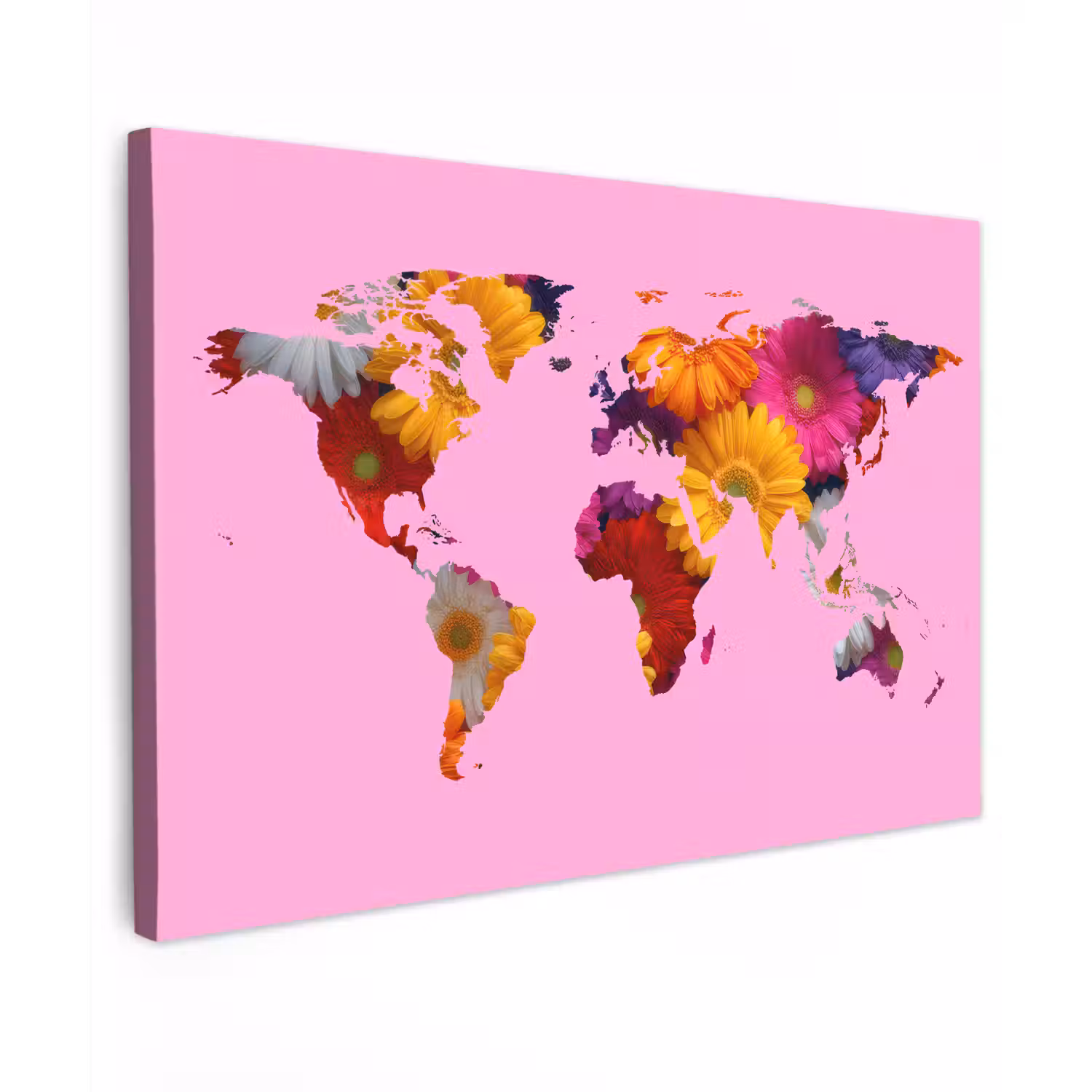 Wereldkaart - Roze - Bloemen canvas 2cm klein -z3d