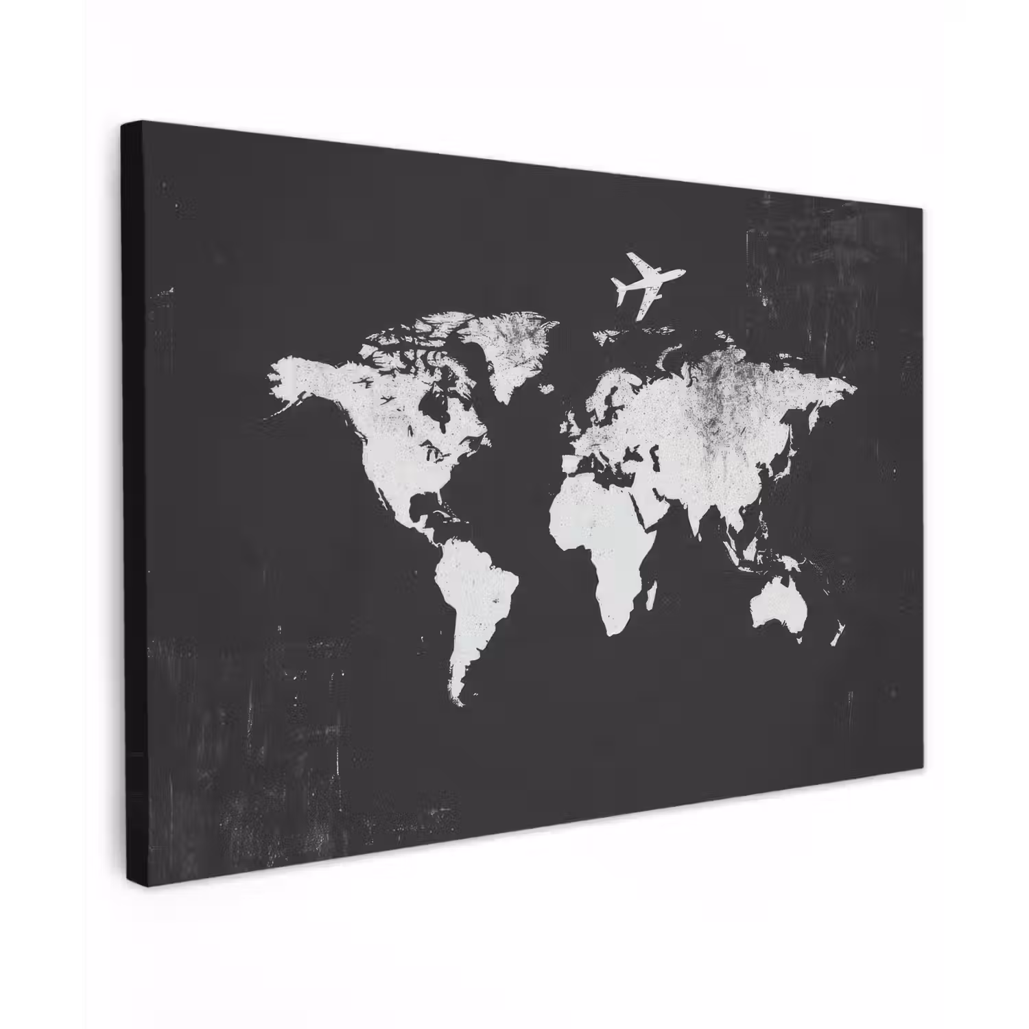 Wereldkaart - Zwart - Vliegtuig - Silhouet canvas 2cm klein -z3d