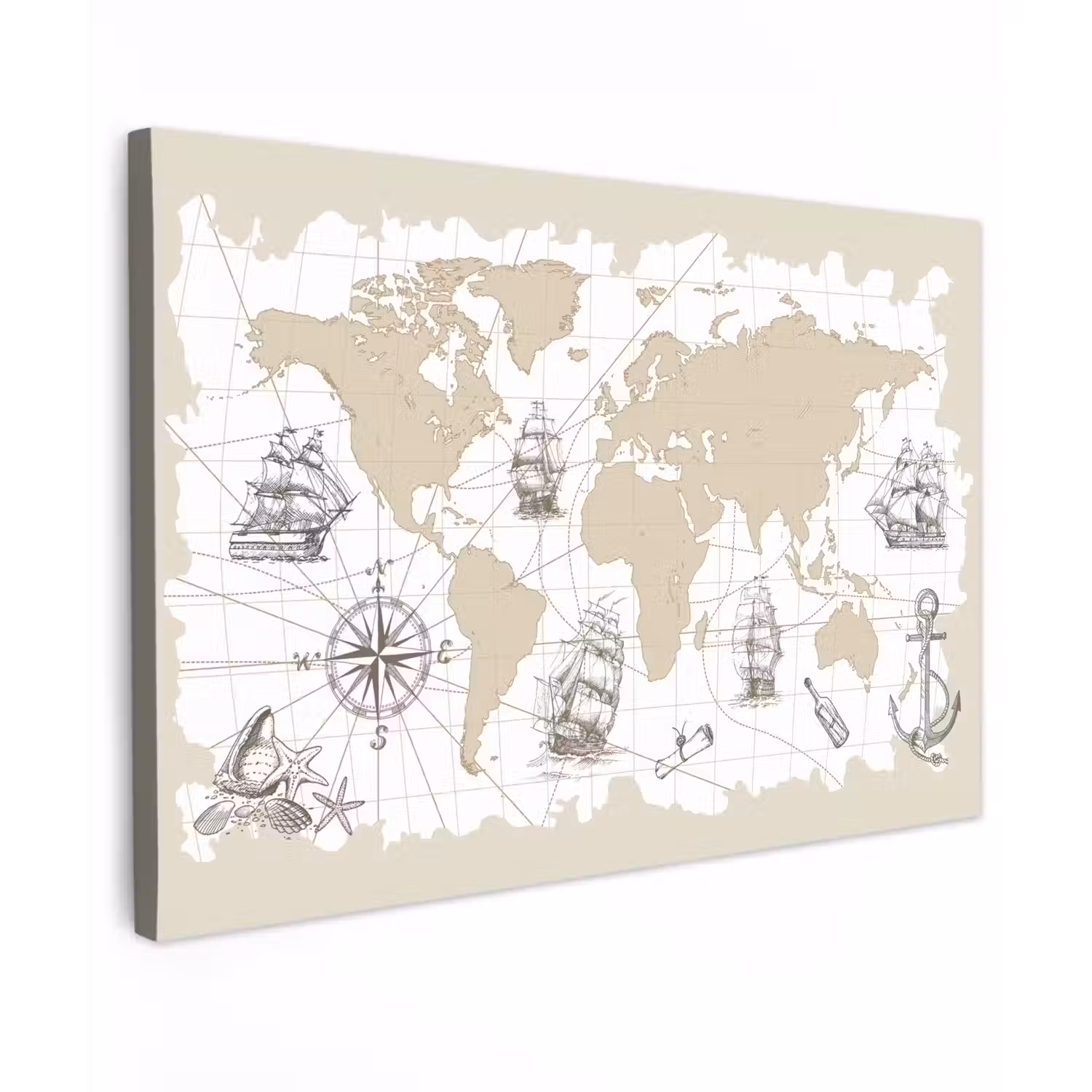 Wereldkaart - Zeevaart - Ontdekking - Beige canvas 2cm klein -z3d
