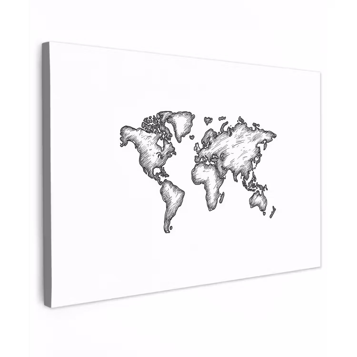 Wereldkaart - Schets - Wit - Zwart canvas 2cm klein -z3d