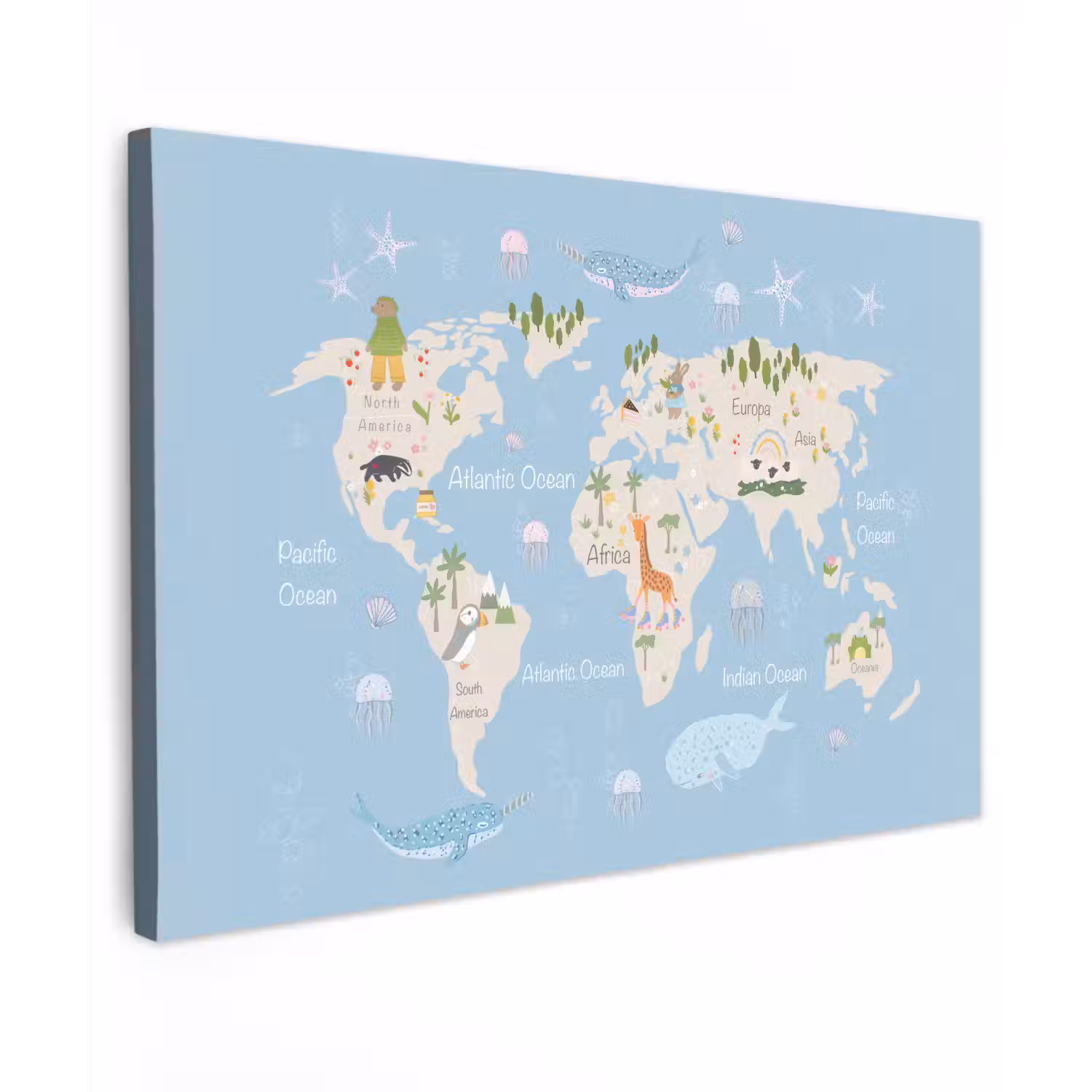 Wereldkaart - Dieren - Blauw canvas 2cm klein -z3d